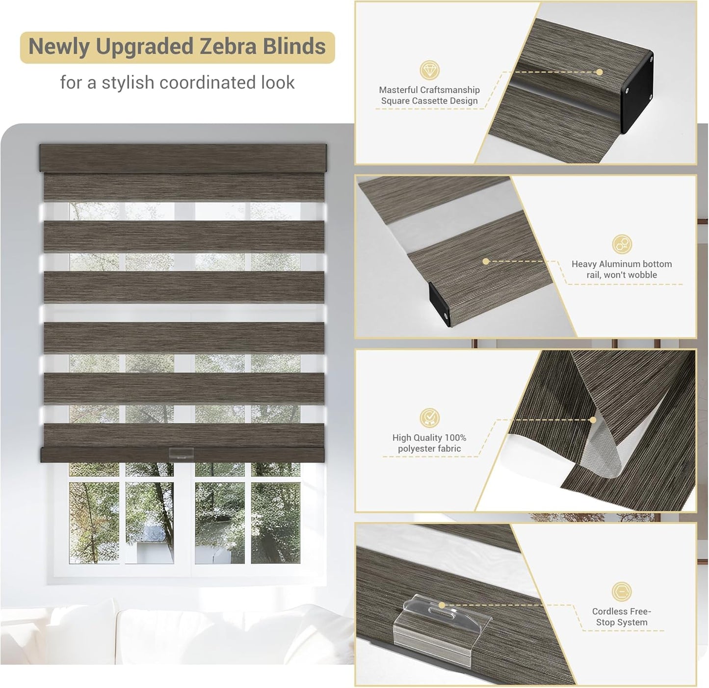 Cordless Zebra Blinds for Windows, Blackout Interior Blinds,Easy to Install,UV Protection,for Offices and Home,Custom Roller Shades, Mousse Dark Bown,30" W x 80" H