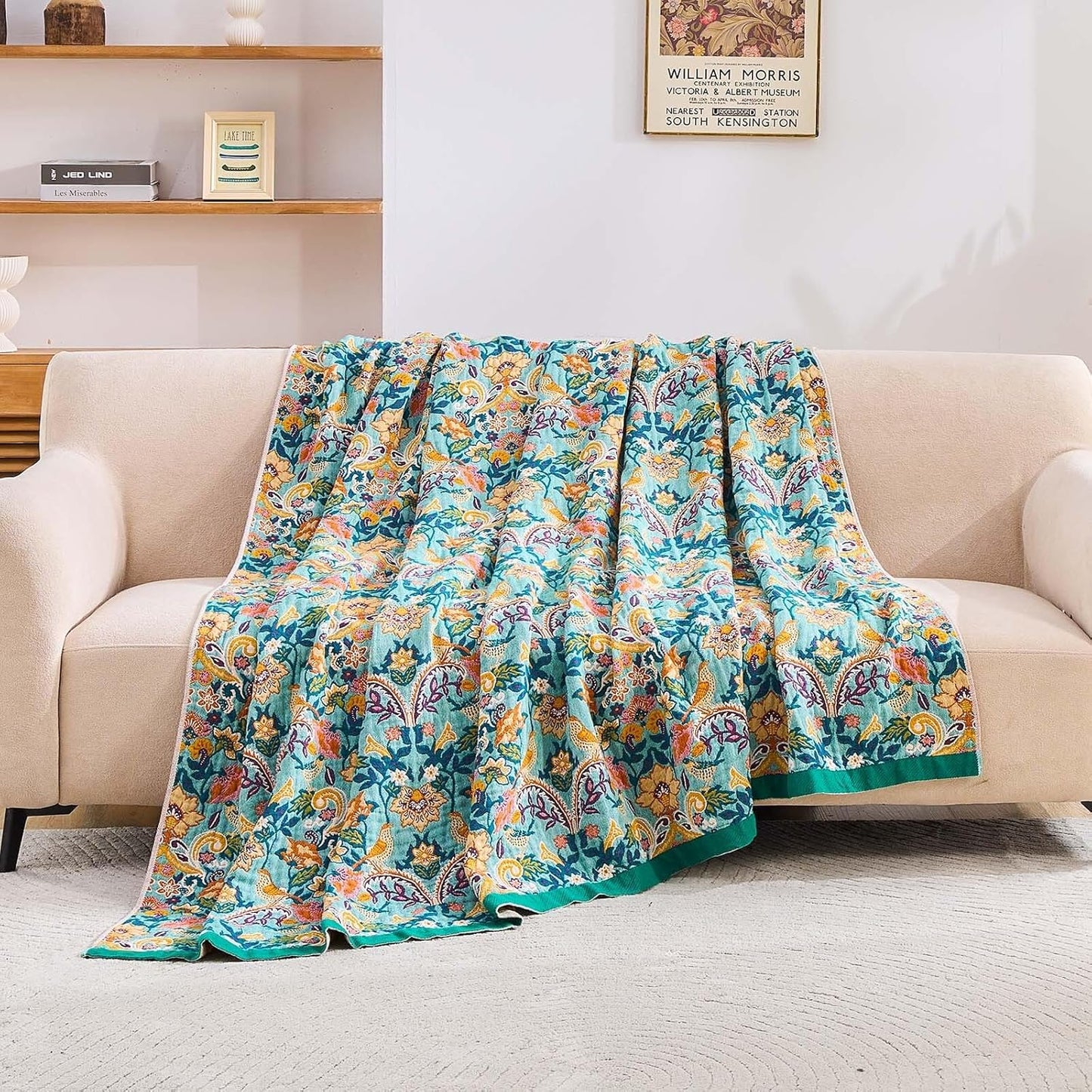 Boho Blanket Throw Quilt, 100% Cotton Soft Light Weight Throw Blankets for Summer, 50"x60" Farmhouse Flower Decorative Blankets, All Season Rustic Reversible Bohemian Throw Quilt