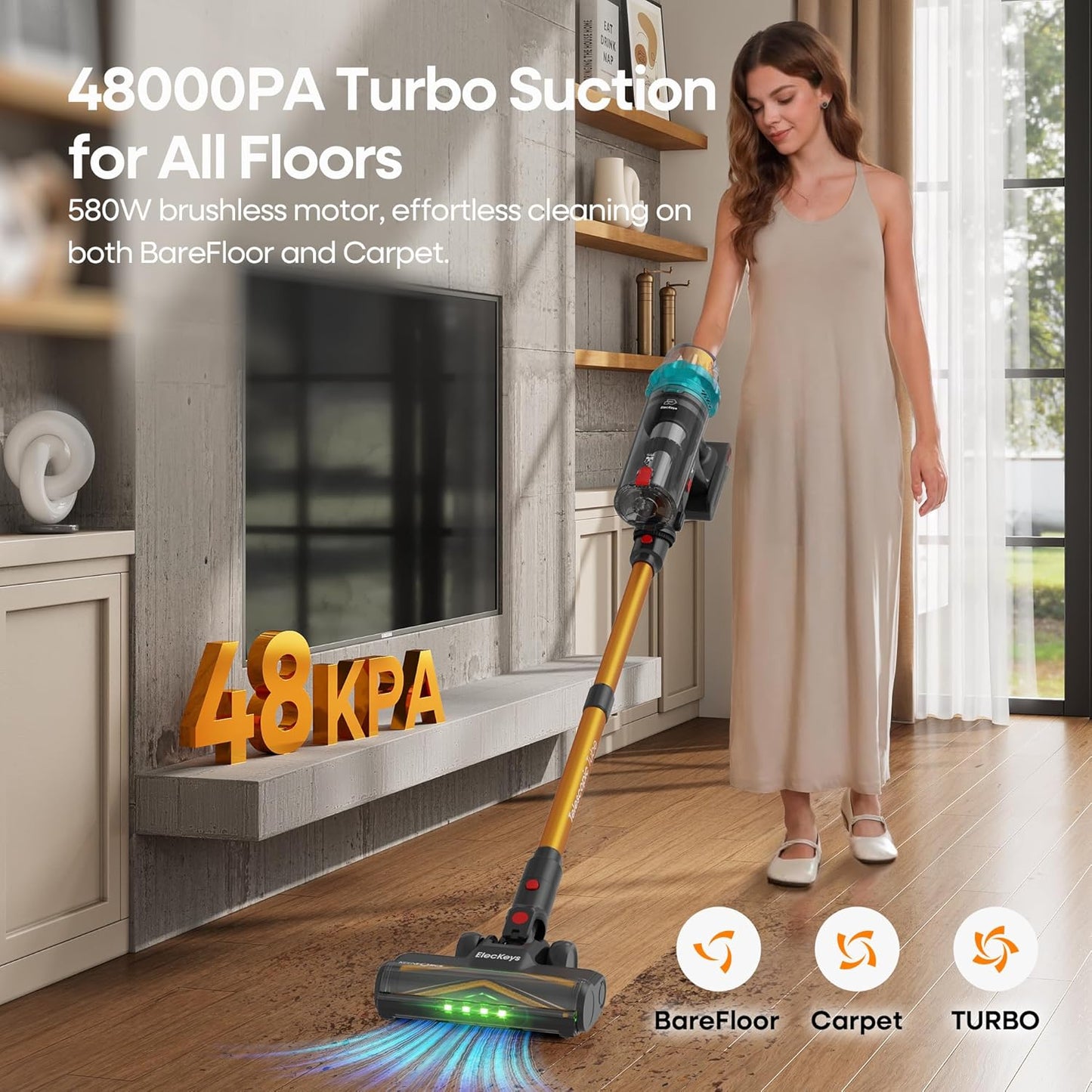Cordless Vacuum Cleaner, Upgraded 580W 48KPA 65Mins Vacuum Cleaners for Home, Stick Vacuum with Self-Standing and Touch Screen, Anti-Tangled Handheld Vacuum for Pet Hair, Floors, Carpets, K10