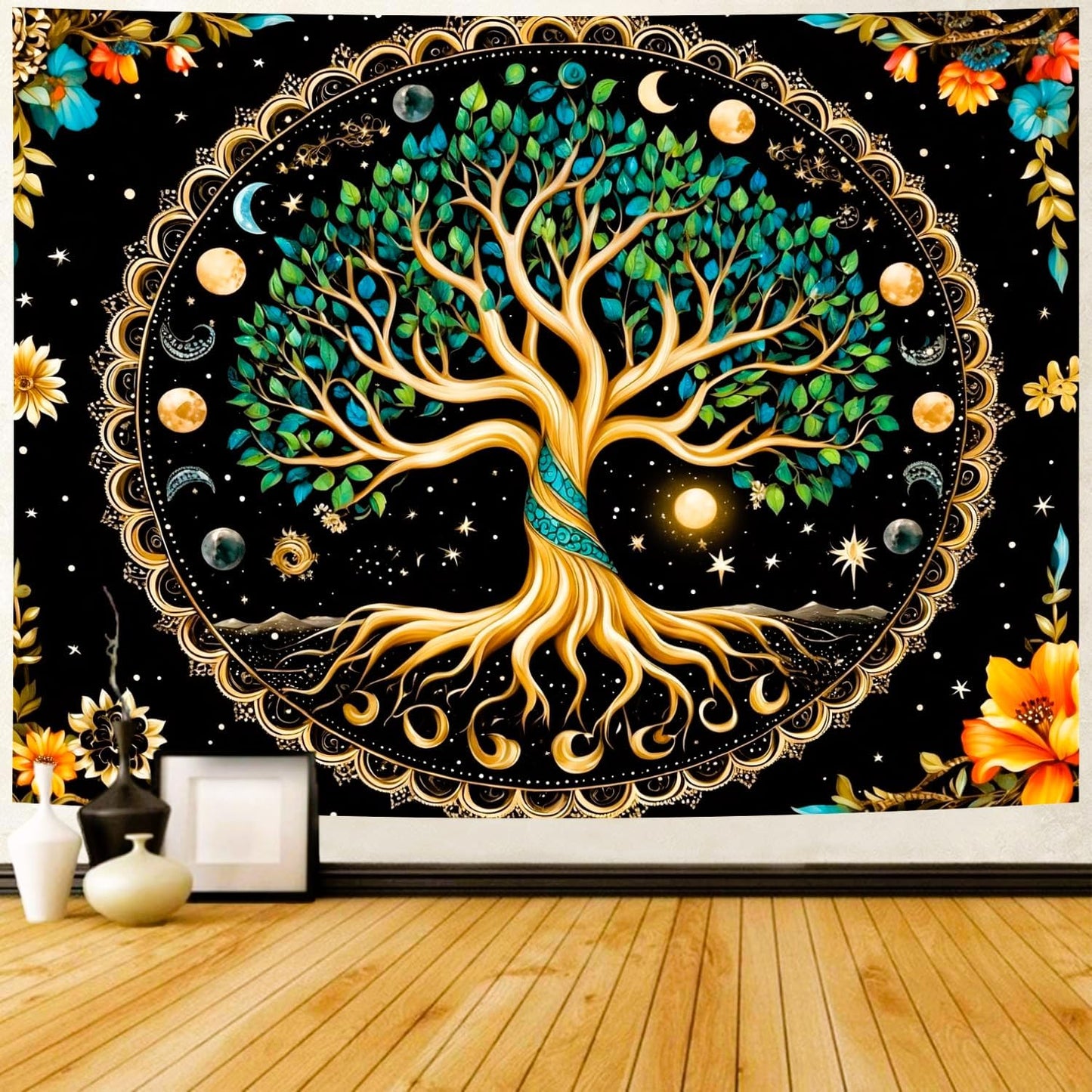 Delur Tree of Life Tapestry Moon Phase Nature Flower Plant Tapestry Wall Hanging Boho Mandala Spiritual Sun Aesthetic Psychedelic Headboard for Bedroom Living Room Home Decor (51.2" x 59.1")