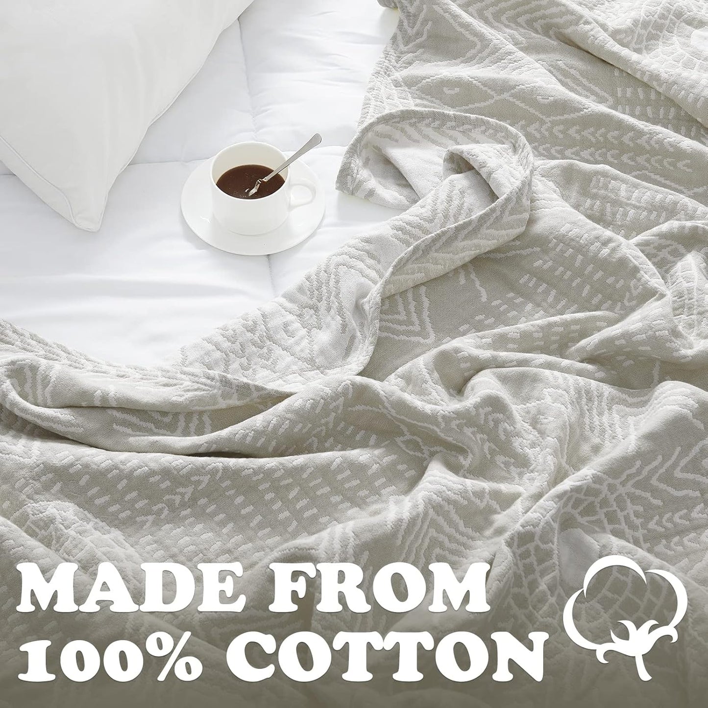 JINCHAN Boho 100% Cotton Muslin Blanket 3-Layer Queen Size 80x90 Inches Geometric Light Grey Lightweight Reversible Soft Comfy Throw for Couch Sofa Bed Coverlet Quilt Large Blanket Bedroom All Seasons