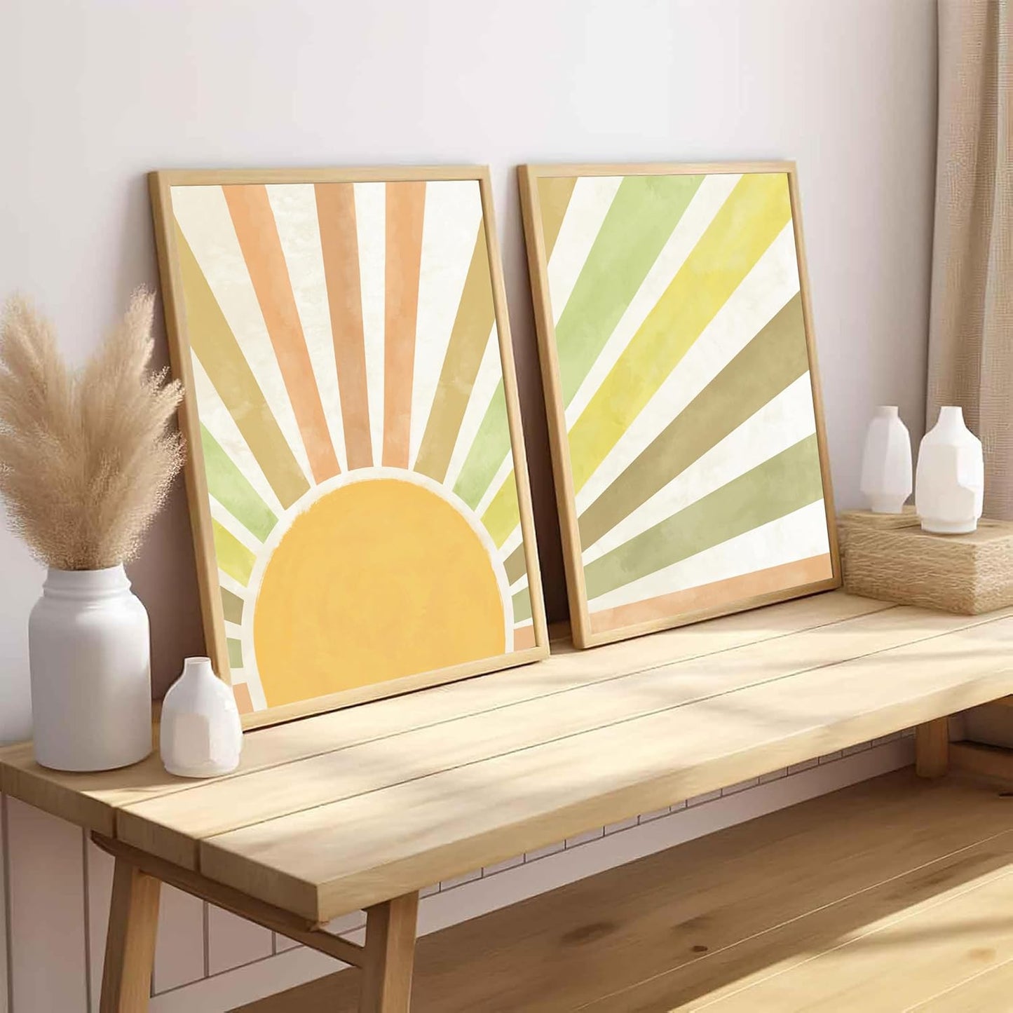 Wooden Framed Boho Sun Wall Art Set of 3 Abstract Sunshine Canvas Prints Morden Bohemian Posters Neutral Home Decor Minimalist Geometric Line Painting Picture for Living Room Bedroom16x24in