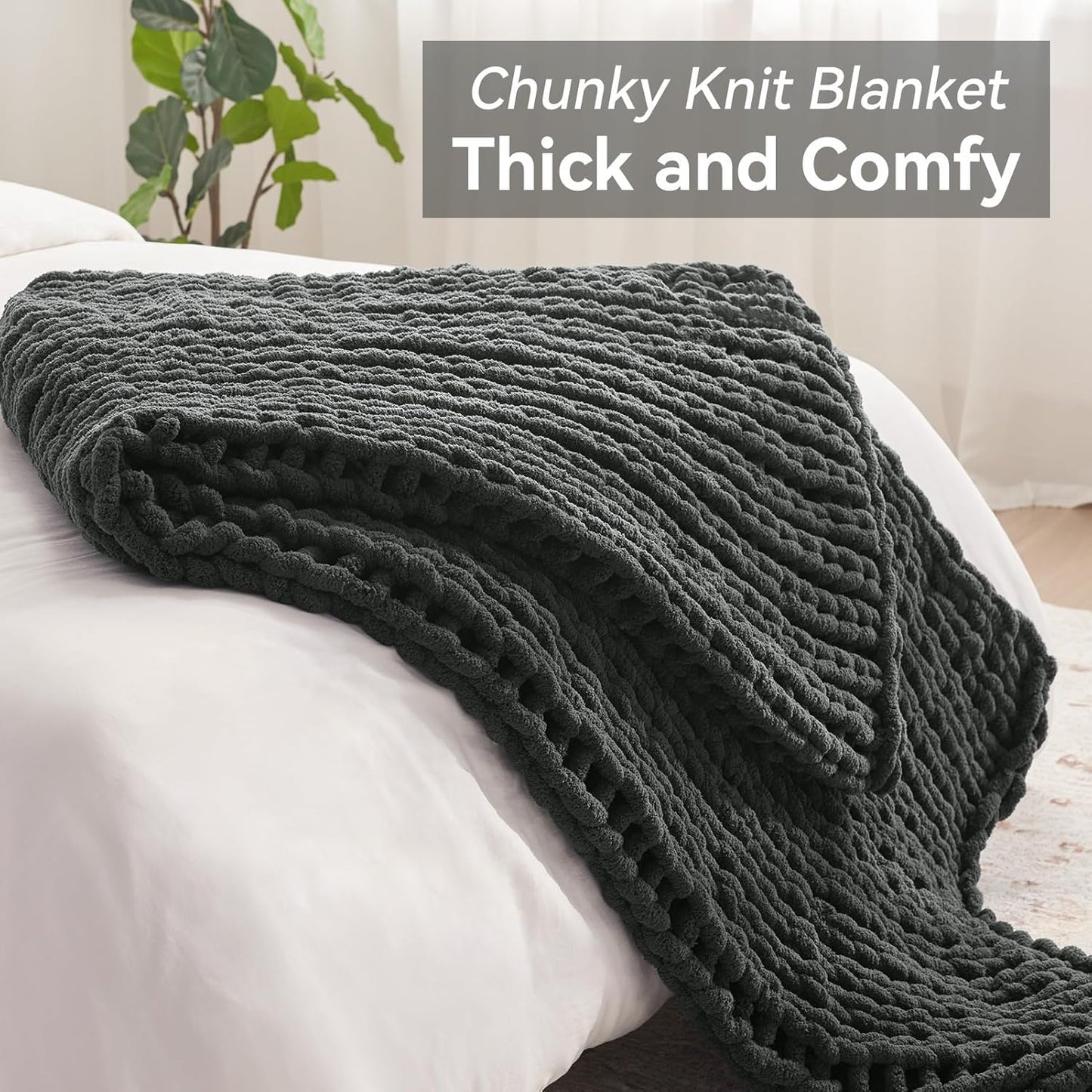 Chunky Knit Throw Blanket, 30''*40'' Knitted Throw Chenille Yarn for Bed Couch, Handmade Dark Grey Crochet Big Thick Blanket, Machine Washable Cute Comfy Blanket for Home Decor