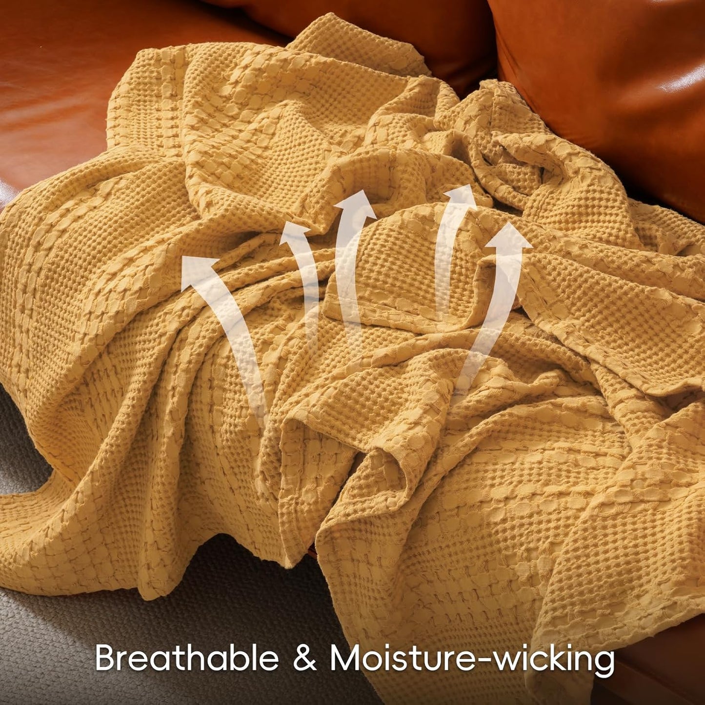 PHF 100% Cotton Waffle Weave Throw Blanket, Soft Lightweight Breathable Cozy Summer Throws for Couch Bed Sofa, Luxury Aesthetic Woven Blanket for Home Decor & Office, 50"x60", Ginger/Honey Yellow