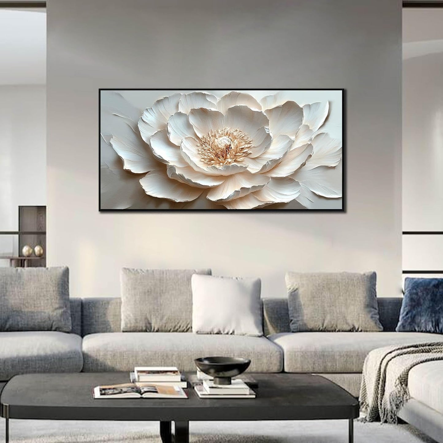 Flower Art Wall Decor for Living Room - White Canvas Wall Art for Office - Large Black Framed Wall Art for Bedroom Size 29" x 59"