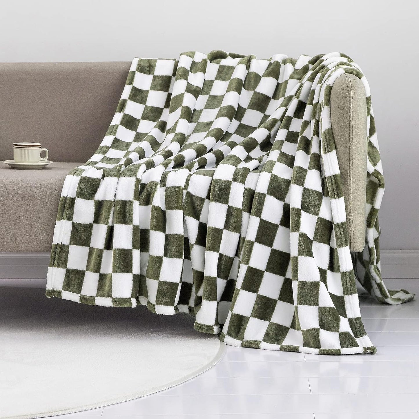 LOMAO Throw Blankets Flannel Blanket with Checkerboard Grid Pattern Soft Throw Blanket for Couch, Bed, Sofa Luxurious Warm and Cozy for All Seasons (Dark Olive, 50"x60")