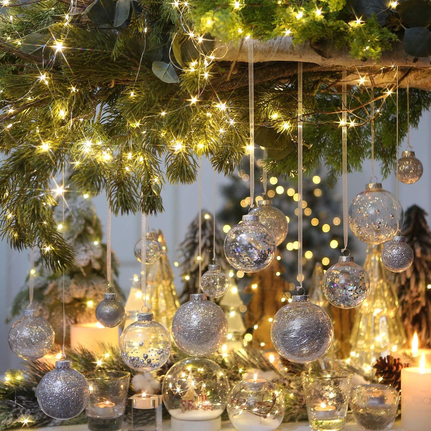 Sea Team 50mm/1.97" Shatterproof Clear Plastic Christmas Tree Ball Ornaments Set, Decorative Hanging Transparent Xmas Baubles with Stuffed Delicate Decorations (30 Counts, Silver)