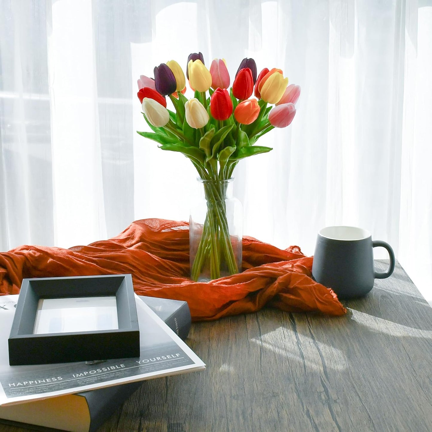 Mandy's Artificial Tulips 12 Stems Multicolor PU Faux Flowers for Wedding Home Decor 13.5 Inch