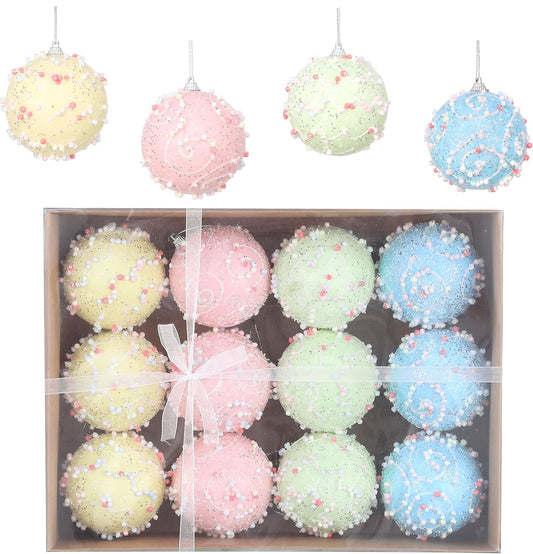 Christmas Tree Ball Ornament Set 12pcs 80mm/3.15inch Macaron Glittering Shatterproof Foam Hanging Christmas Ball Ornaments for for Xmas New Year Birthday Home Party Supplies (Round)