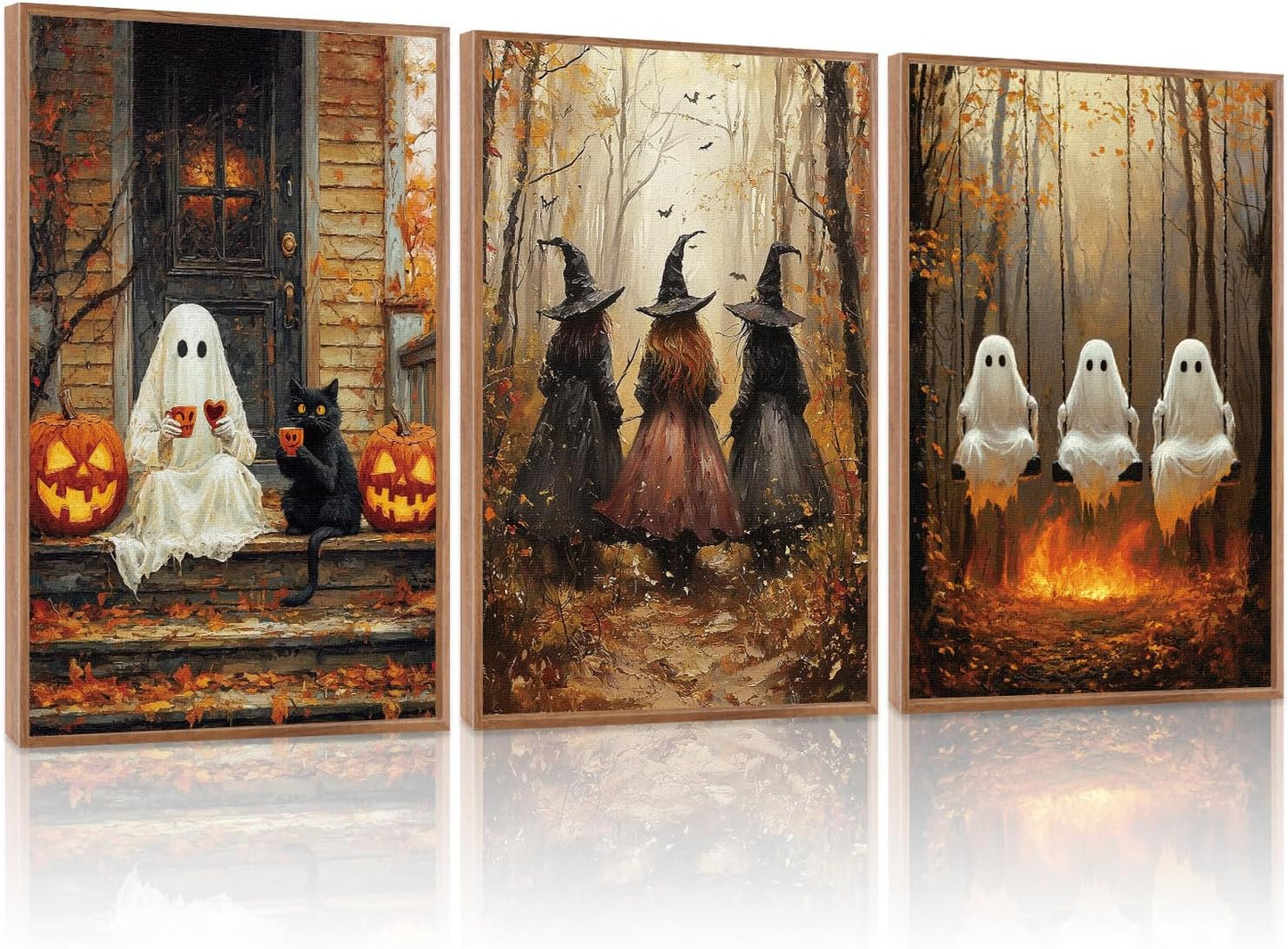 HLNIUC Framed Halloween Canvas Wall Art,Dark Witch Crow Raven Prints,Black Cat Decor,Horror Gothic Ghost Pictures Set of 3 (16"X24") Scary Pumpkin Wall Decor for Party Living Room Bedroom Decoration