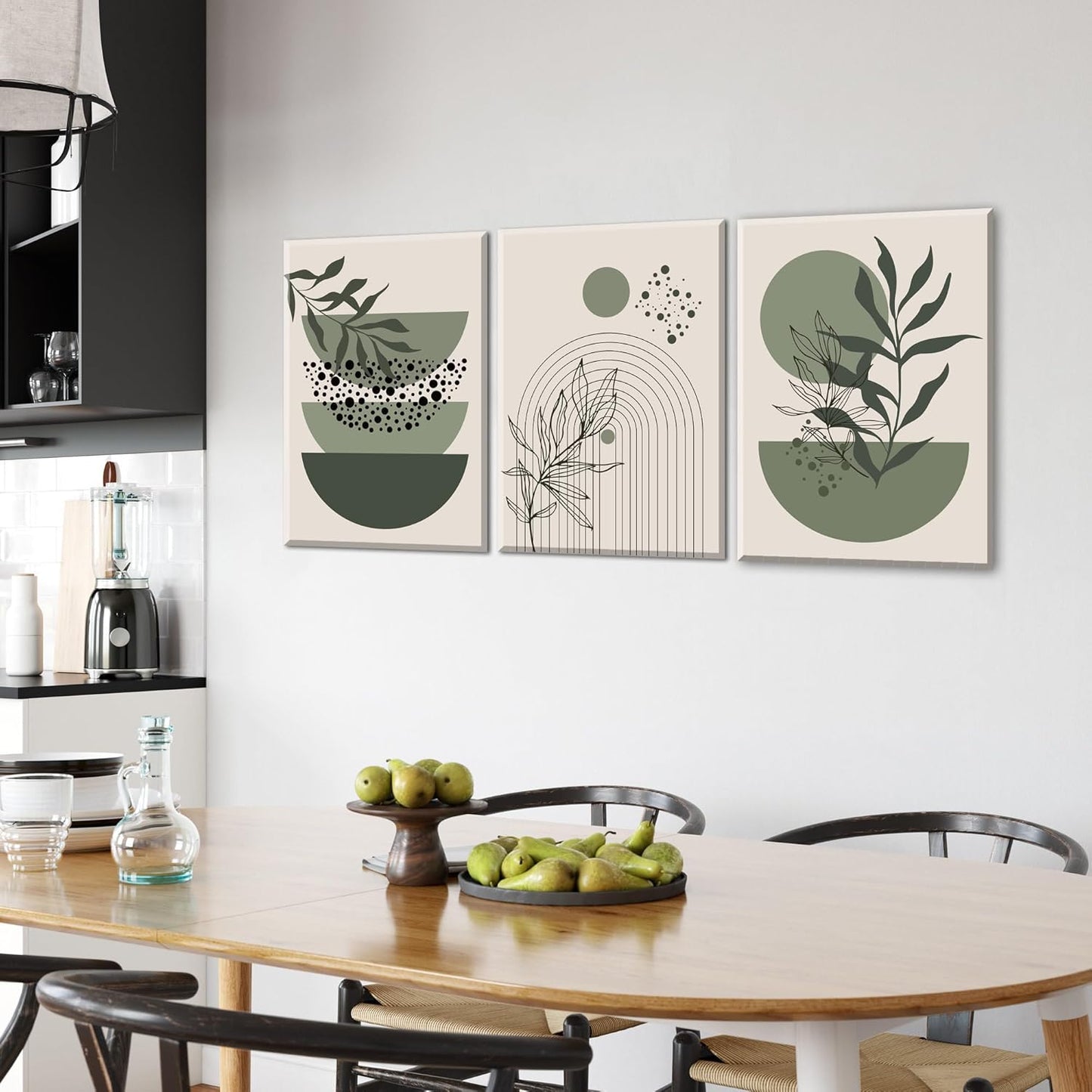 Sage Green Boho Wall Art Set of 3 Abstract Minimalist Geometric Line Poster Green Botanical Leaf Canvas Prints Modern Artwork Painting Decor for Living Room Bedroom Office 12x16 in Framed