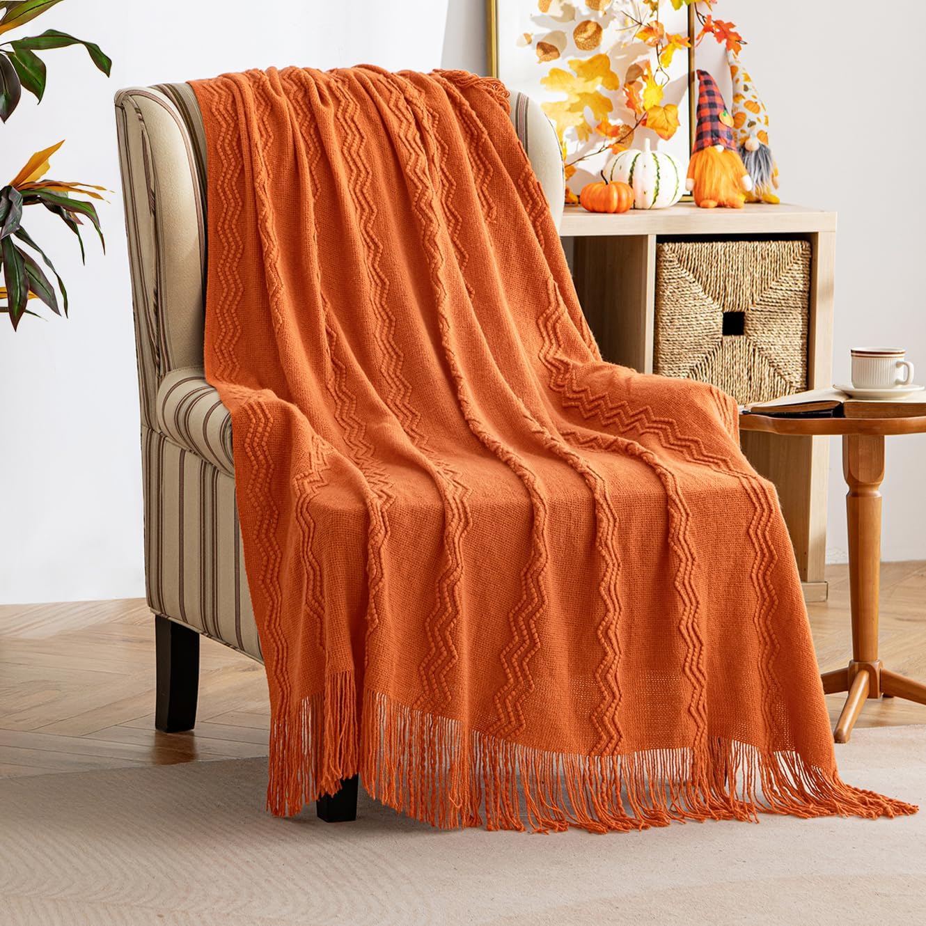 MIULEE Burnt Orange Knitted Throw Blanket for Couch Boho Textured Cozy Woven Blanket with Tassels for Sofa Chair Bed Living Room Fall Home Decor Farmhouse Acrylic Wave Pattern 50"x60"