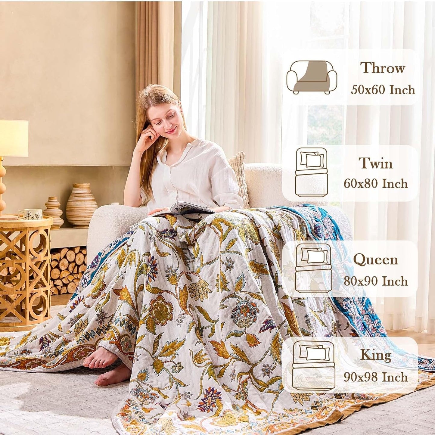 Fall Throw Blanket for Couch, Brown Boho Decorative Throw Blanket, 100% Cotton Muslin Breathable Woven Farmhouse Blankets Quilt, 80"x90" Reversible Lightweight Blankets Bohemian Throw Quilt