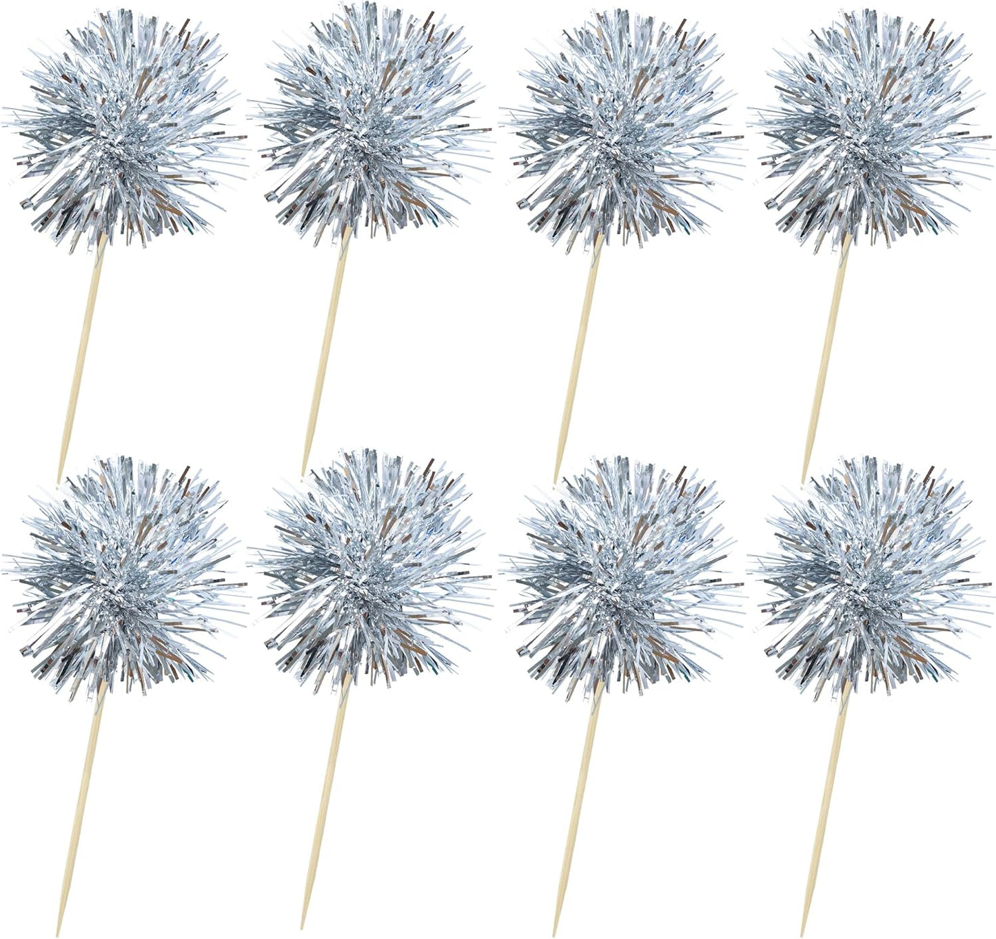 Ephlyn 30Pcs Foil Firework Cupcake Toppers Sparkle Tinsel Cupcake Picks Happy Birthday Cake Toppers Drink Stirrers Cocktail Food Fruit Toothpicks for Baby Shower Birthday Party Supplies Silver