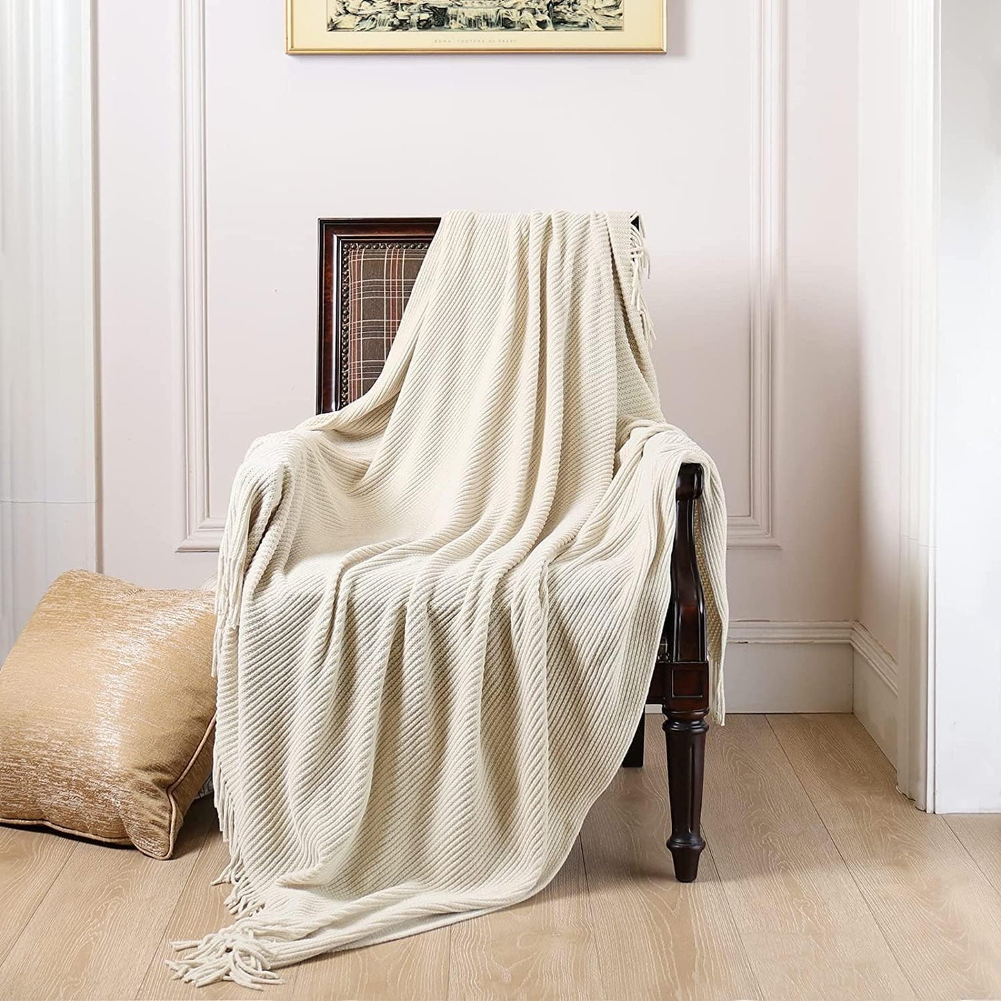 lifein Throw Blanket for Couch, Soft Boho Decor Bed Throw,Cozy White Chenille Knitted Small Farmhouse Lightweight Throw for Spring(White/Cream,60 * 80")