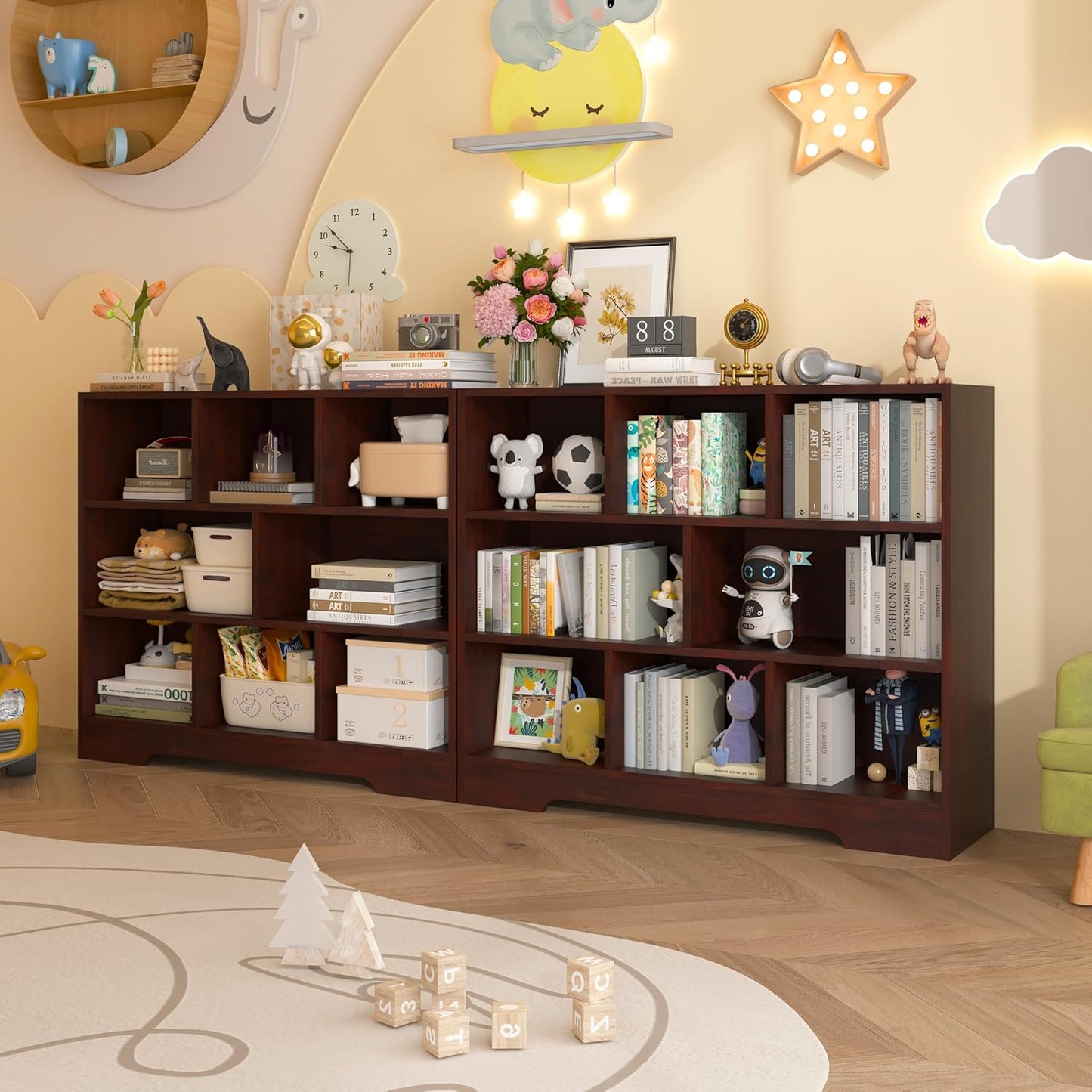 Book Shelf Set of 2, 8 Cubes Storage Organizer, 3-Tier Open Shelf Wooden Bookcase, Freestanding Cherry Bookshelf Cube Shelf for Bedroom, Living Room, Home Office