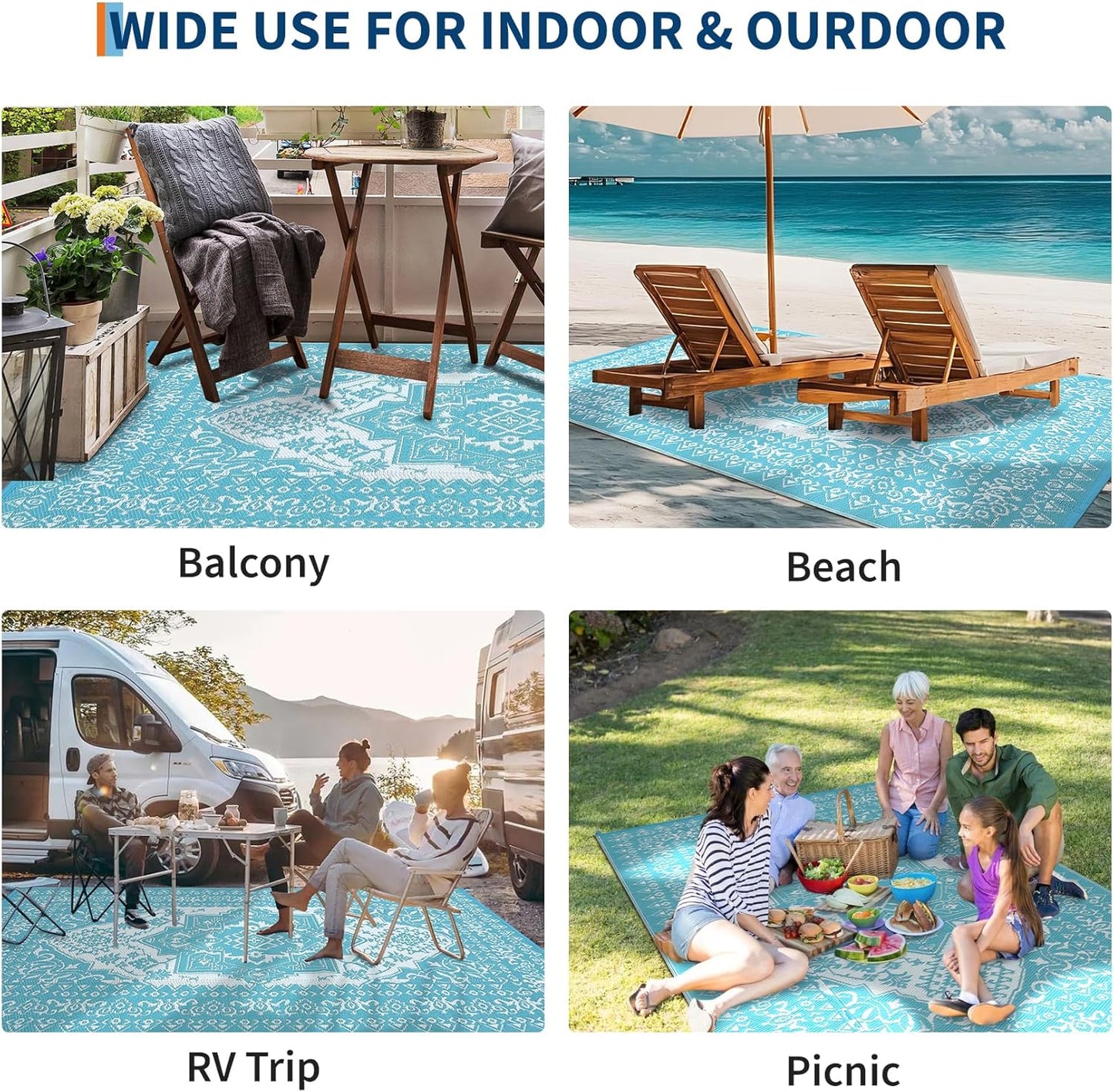 GAOMON Outdoor Rugs 8x10 Waterproof Reversible Outdoor Plastic Straw Rug, Large Patio Rugs UV-Resistant Portable RV Camping Mats, Vintage Boho Carpet for Deck Porch Garden, Light Blue & White