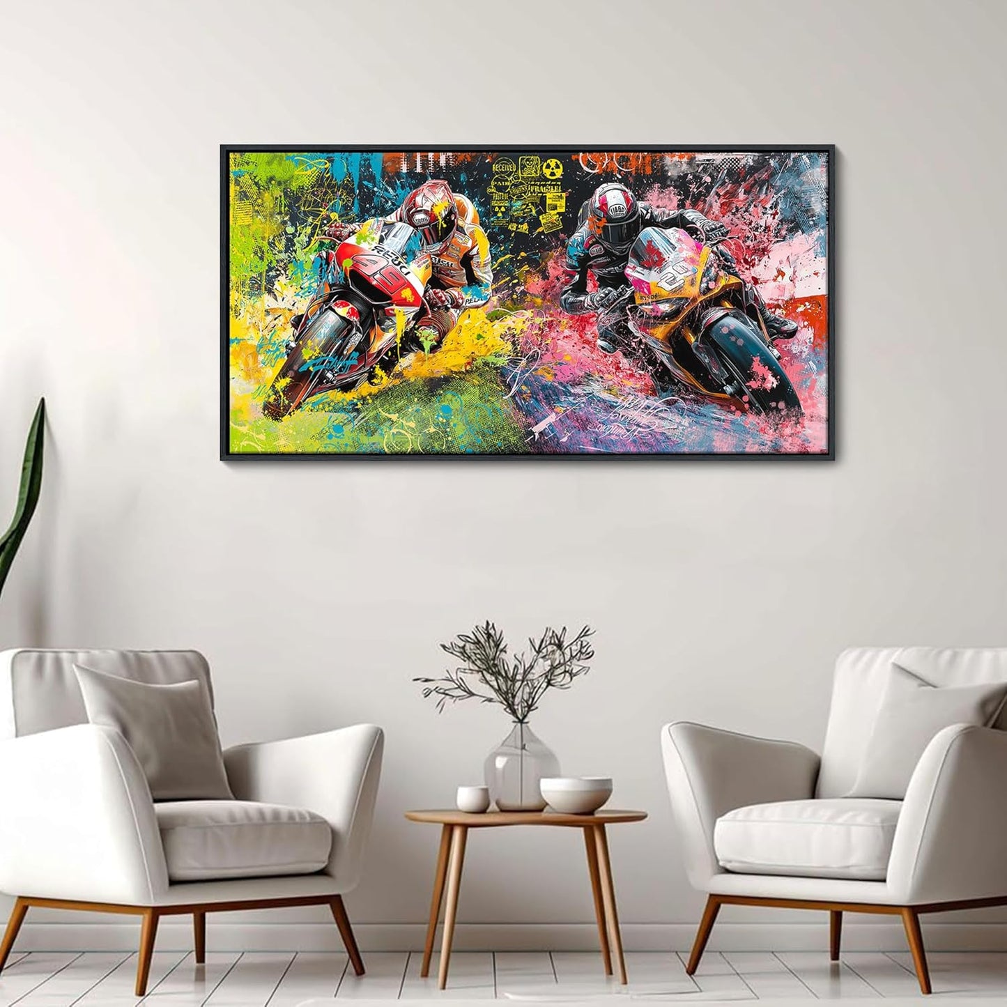 JEAWA Framed Canvas Wall Art - 20x40 In Abstract Painting Decor, Motorcycle Racing Color Graffiti Pictures, Modern Art Prints for Bedroom Living Room Bathroom Home Decoration