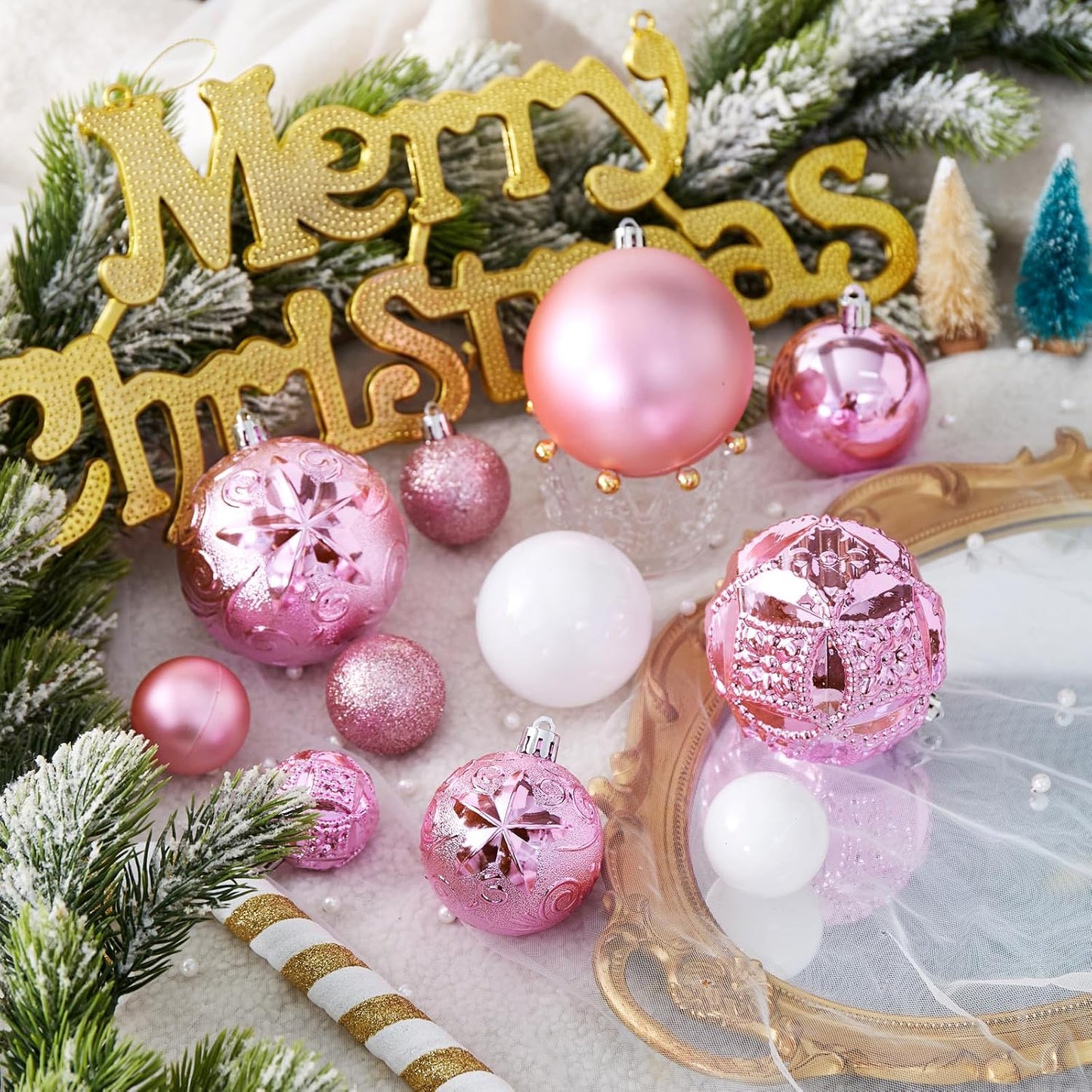 87-Pack Shatterproof Christmas Ball Ornaments Set, Christmas Tree Decorations with Hand-held Gift Package for Xmas Tree Holiday Wedding Party (Pink and White)