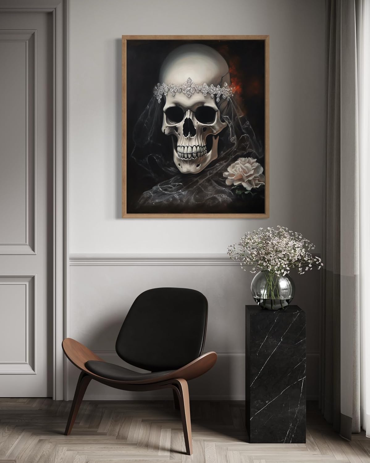 Skull Bride Poster Art Print, Halloween Scary Vintage Wall Art Academia Spooky Painting Decoration for Horror Prints, Gothic Posters Bedroom Decor 89 (Skull Bride, 11 x 14 inches, Wood Frame)