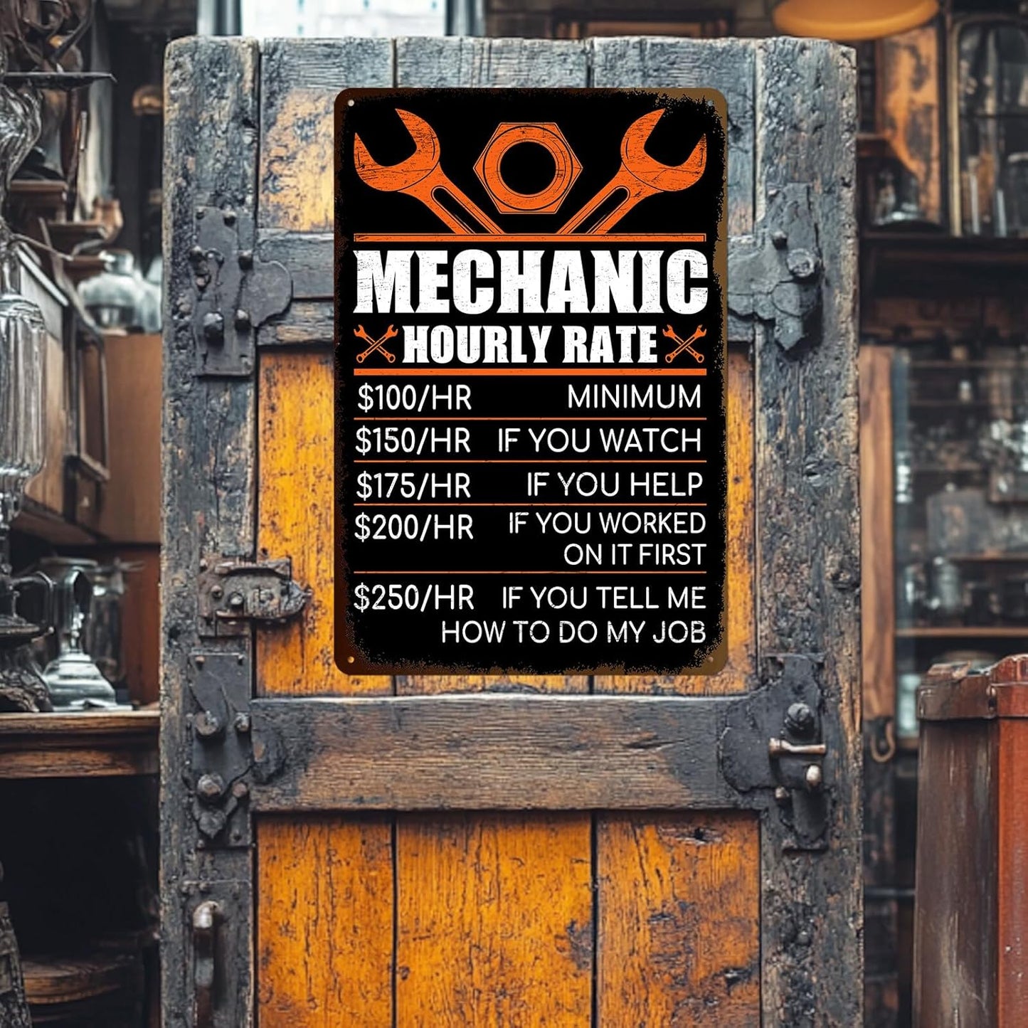 Mechanic Gifts for Men - Garage Metal Tin Signs Vintage Car Shop Accessories Decor Mechanic Hourly Rate Metal Sign 8x12 Inch