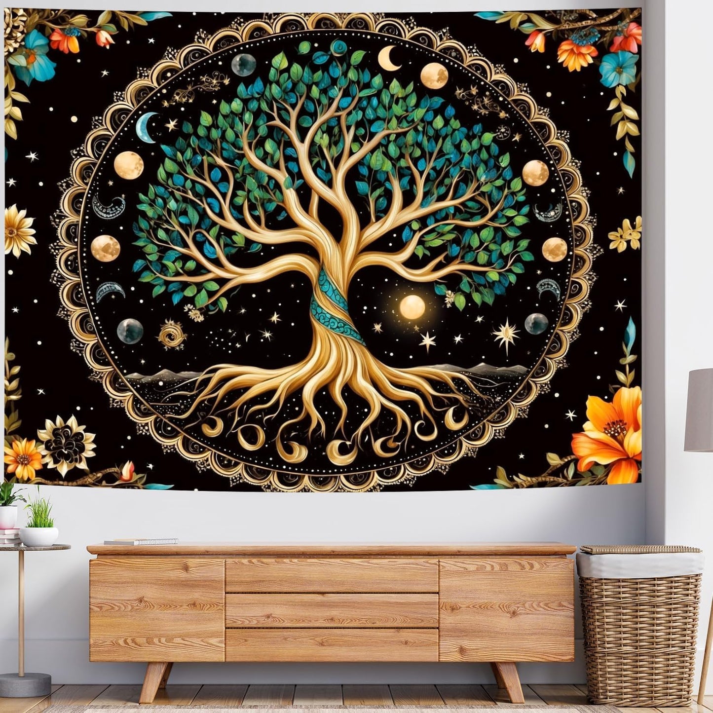 Delur Tree of Life Tapestry Moon Phase Nature Flower Plant Tapestry Wall Hanging Boho Mandala Spiritual Sun Aesthetic Psychedelic Headboard for Bedroom Living Room Home Decor (51.2" x 59.1")