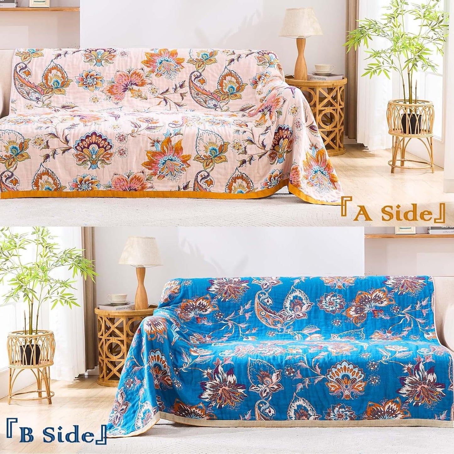 Boho Throw Blanket for Bed, 100% Cotton Soft Rustic Quilt Fall Blanket, 50"x60" Floral Printed Farmhouse Decor Bed Blankets, All Season Rustic Reversible Bohemian Throw Quilt