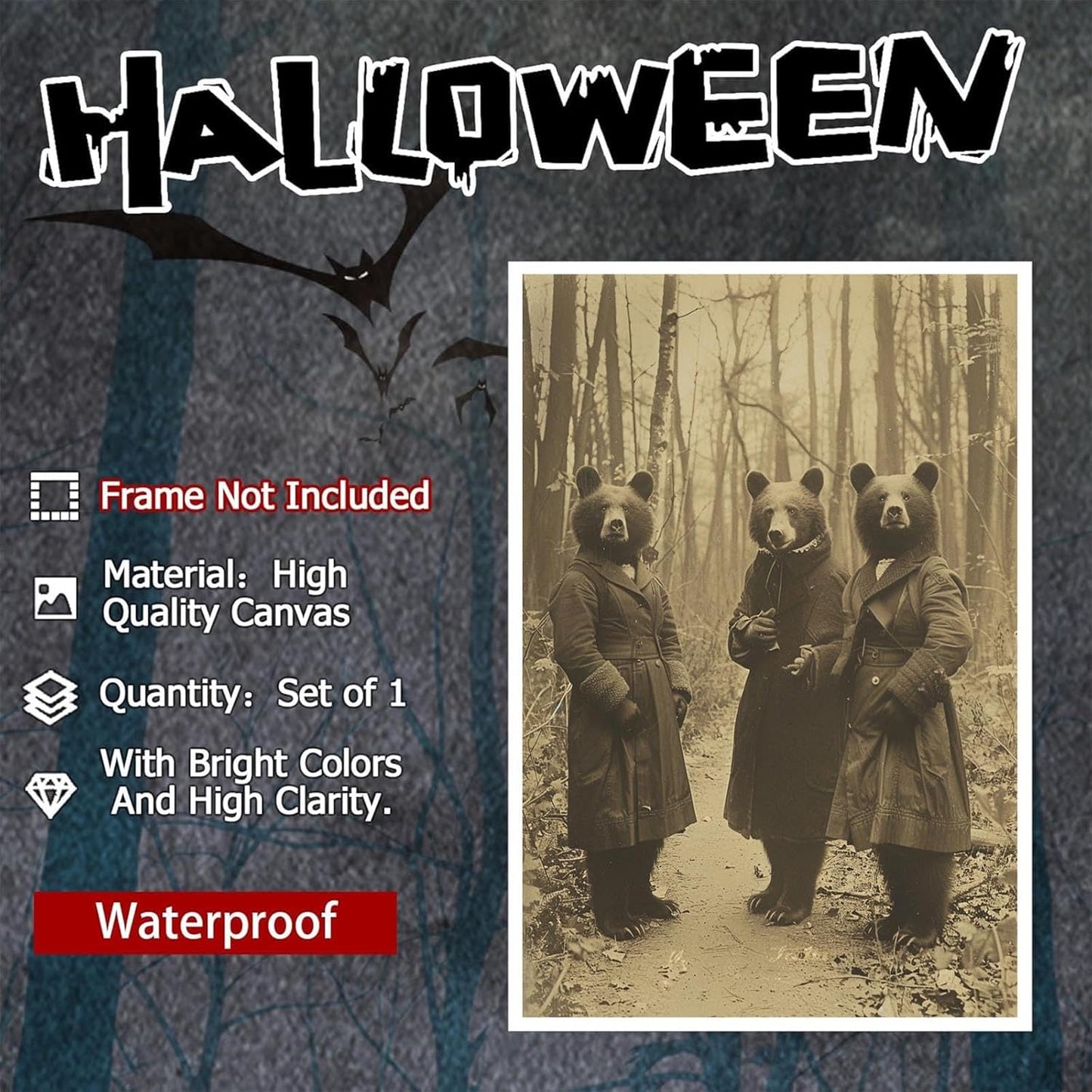 Vintage Horror Halloween Wall Decor Spooky The Three Bears In Occult Forest Spooky Canvas Wall Art Poster Gothic Dark Academia Decorations Room Creepy Print 16X24inch Unframed