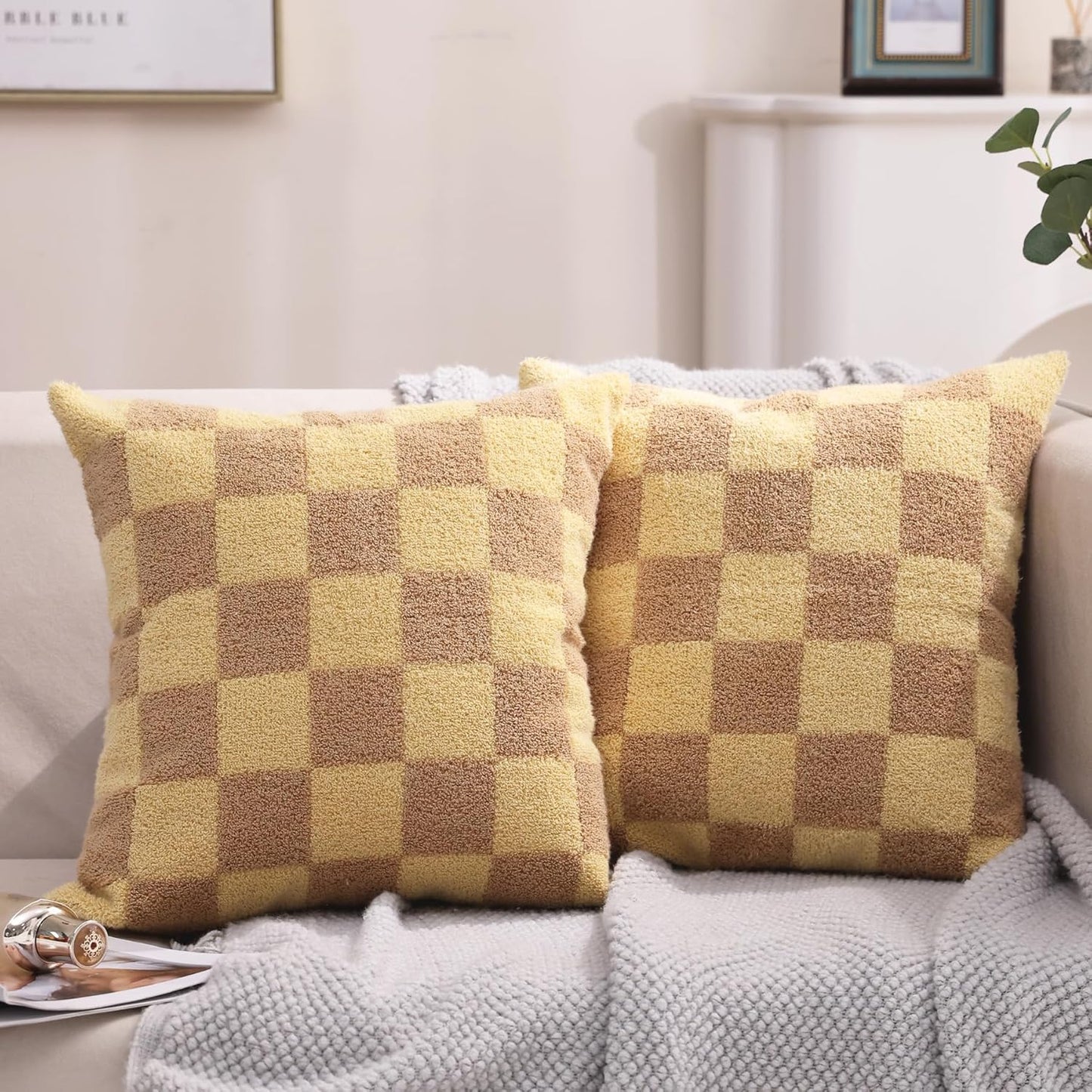 Alysheer Checkered Embroidered Decorative Throw Pillow Covers 18"x 18" Set of 2, Farmhouse Cottage Cream Ivory Plaid Tufted Patterned Cotton Canvas Cushion Case for Sofa Couch Bed Living Room