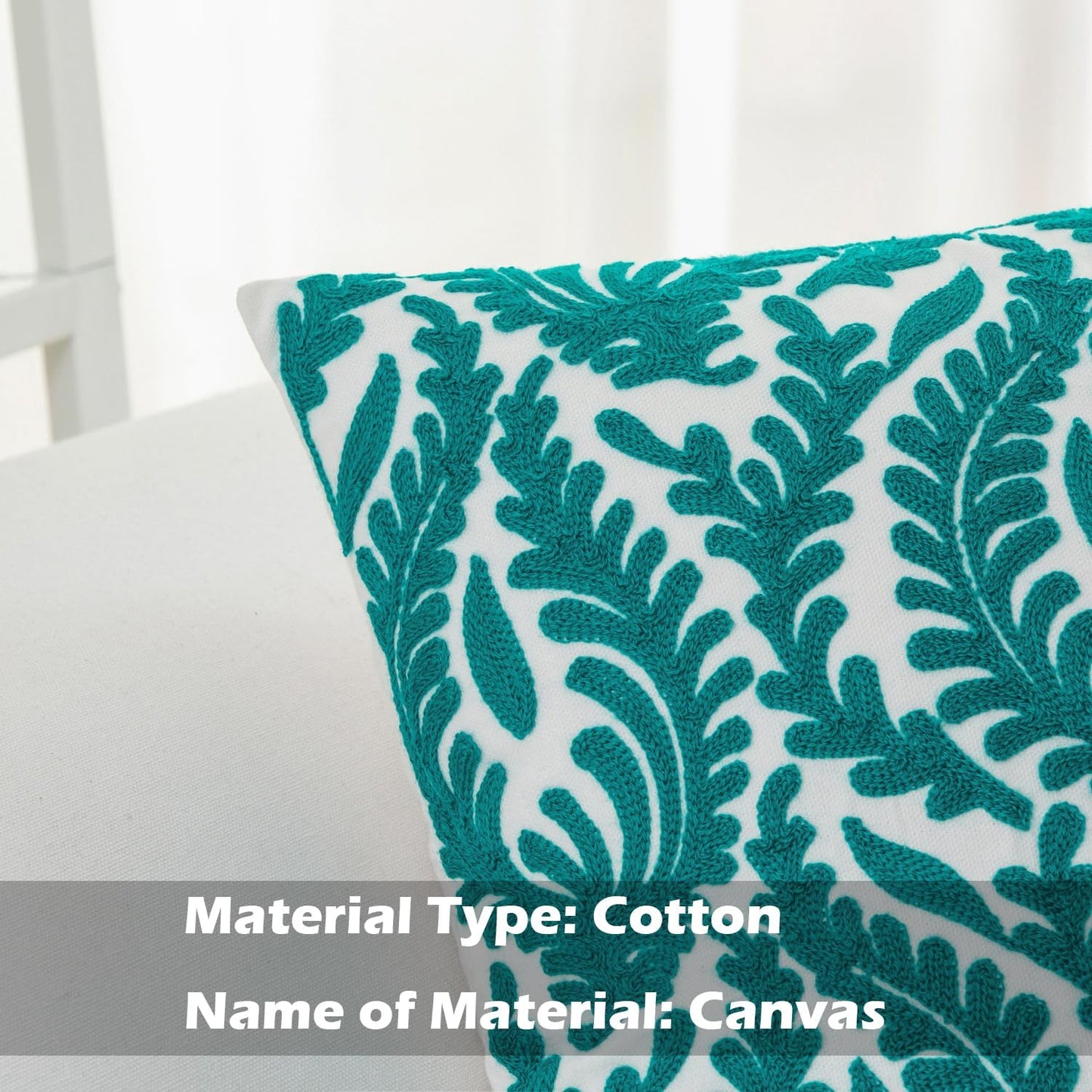 HWY 50 Teal Decorative Throw Pillow Covers 18x18 Inch (1 Piece), Embroidered Cotton Farmhouse Cushion Cover Pillow Case for Sofa Couch Living Room Bed Bedroon, Floral Branches