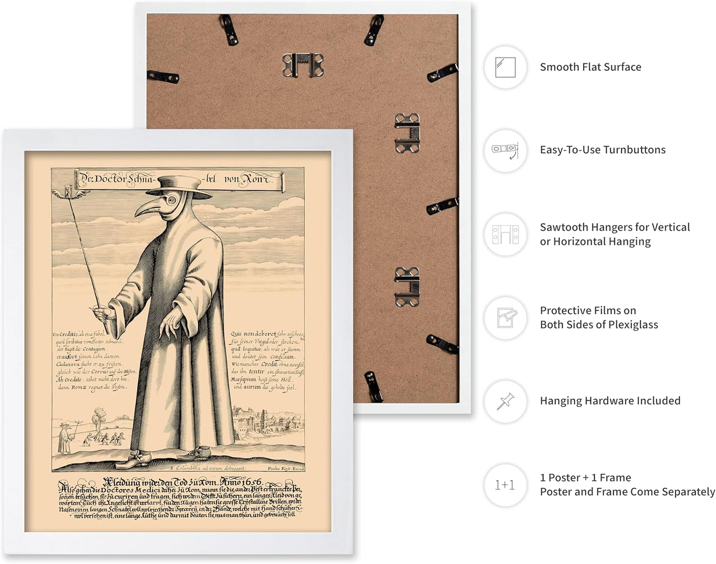 Poster Master Vintage Medieval Poster - Retro Illustration Print - Gift for Friend - Plague Doctor, Pandemic Mask, Physician, Black Death - Wall Decor for Home, Living Room, 16x20 White Framed