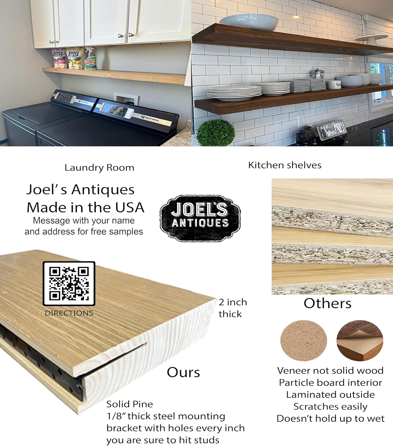 joelsantiques 42 Inch Wooden Floating Shelves for Wall - 42x8x2 in - Made of Natural Wood - Heavy Duty Rustic Wall Shelves Made in USA - Perfect for Living Room, Kitchen - Natural