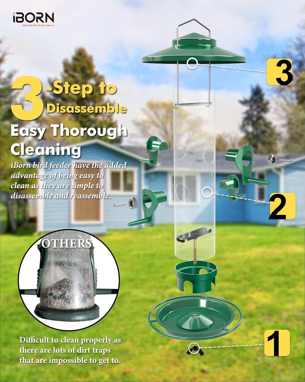 iBorn Bird Feeders for Outdoors, 2LB Metal Bird Feeders 17cm Large Roof &Tray, 4 Feeding Ports, Green Finish