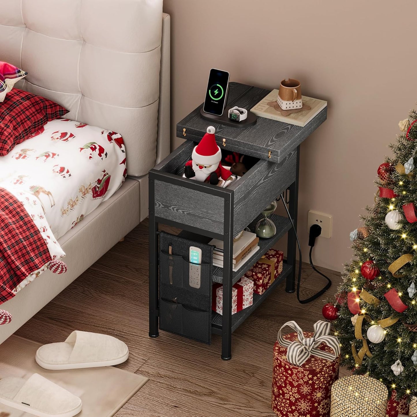 End Table with Charging Station, Flip Top Nightstand with USB Ports and Outlets,Couch Side Table with Fabric Bag and Hooks, Bedside Table for Space Saving, Living Room, Bedroom (Grey)