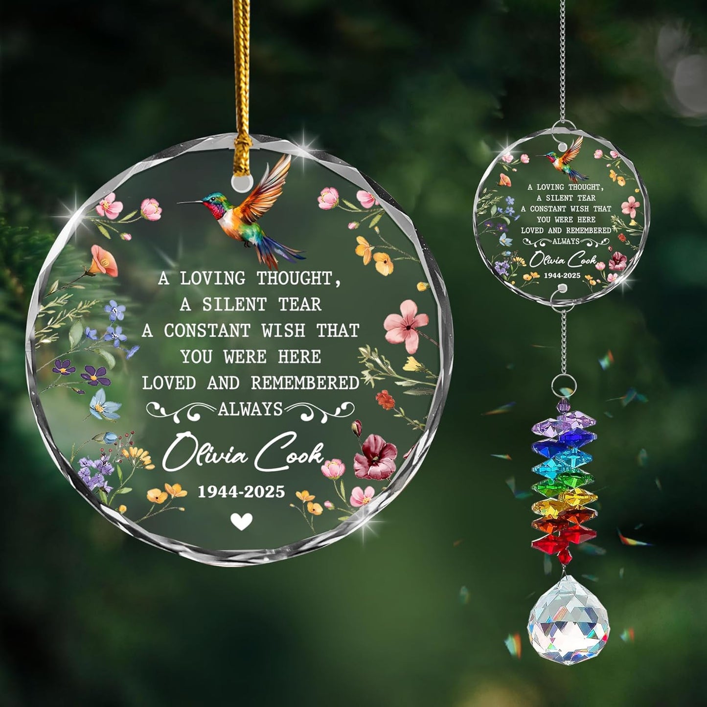Personalized Memorial Hummingbird Glass Ornament – Custom Photo, Name, Birth Year & Passing Year – “Loved and Remembered Always” Memorial Keepsake for Loss of Loved One 2025