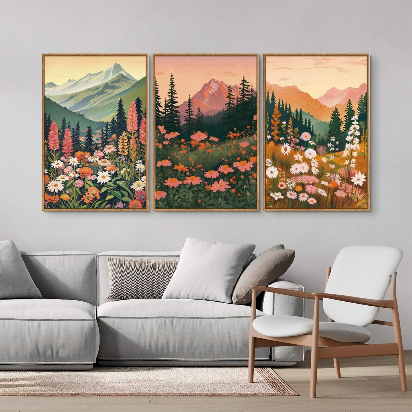 Tinonedraw Mountain Wildflower Framed Canvas Wall Art Set, Boho Mountains Landscape Wall Decor, Modern Floral Forest Scenery Artwork, Neutral Nature Art Prints for Living Room Bedroom Office 24"x36"x3