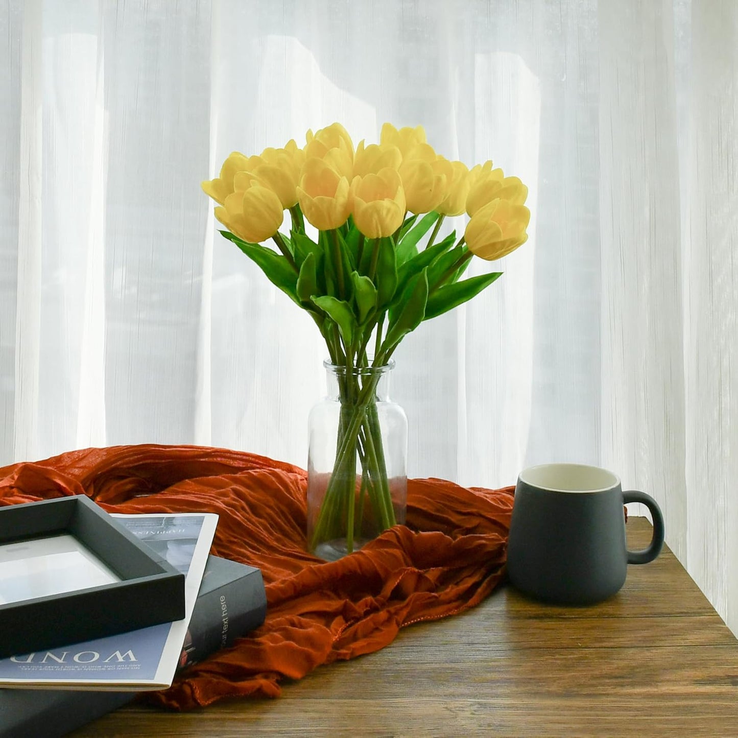 Mandy's Artificial Tulips 12 Stems Yellow Partially Open PU Faux Flowers for Wedding Home Decor 13.5 Inch