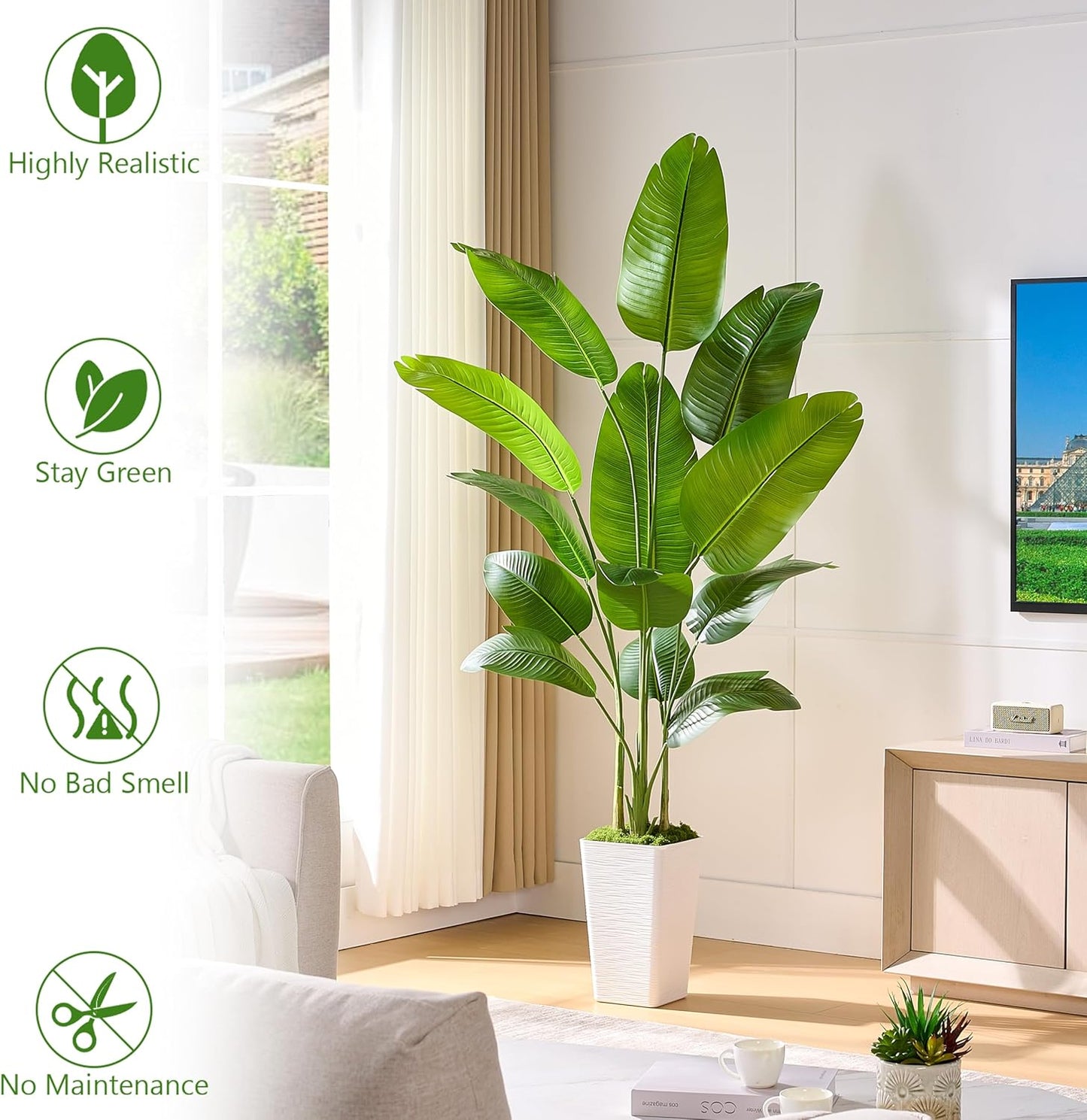 Lifelike Bird of Paradise Silk Artificial Plant Faux Banana Leaf Tree for Home Decor - Perfect Indoor Floor Plant with 11 Trunks (1, White Tall Planter, 6.6 FT)