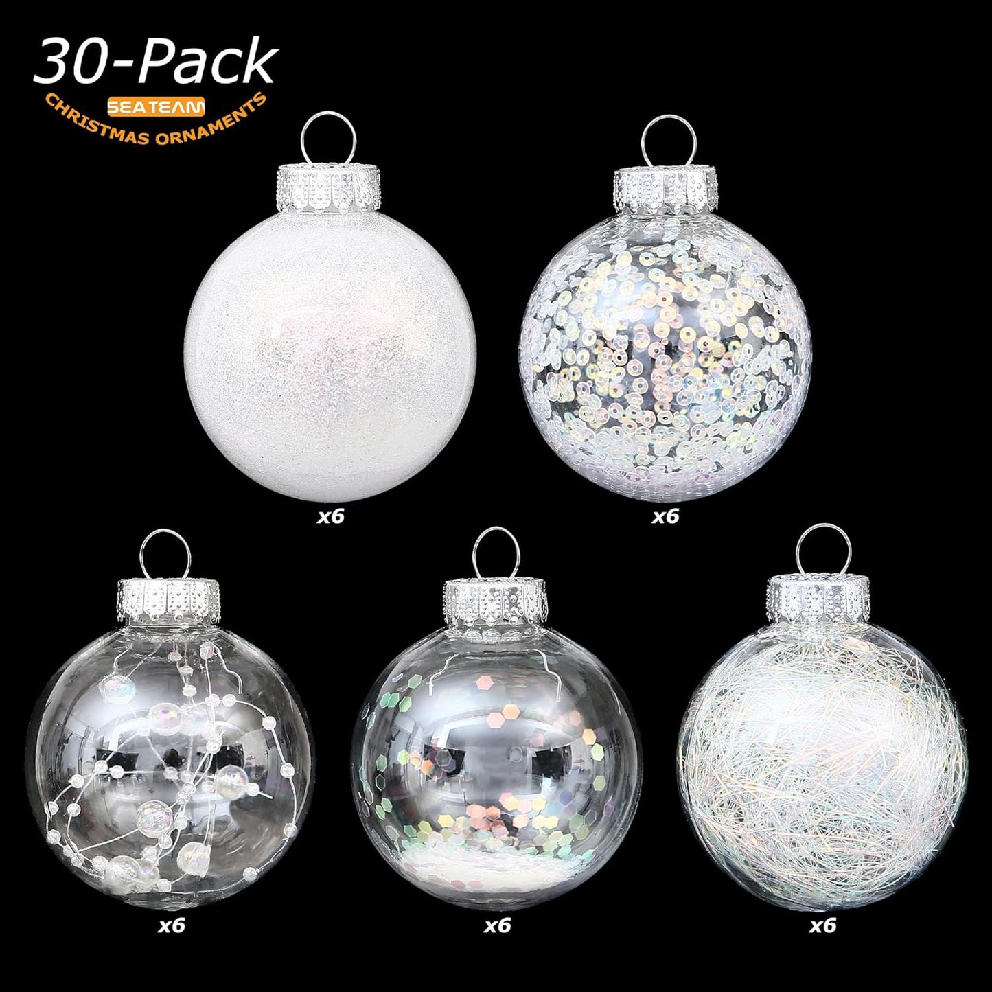 Sea Team Shatterproof Clear Plastic Christmas Ball Ornaments Decorative Xmas Balls Baubles Set with Stuffed Delicate Decorations (60mm/2.36 inch 30-Pack, Iridescent)