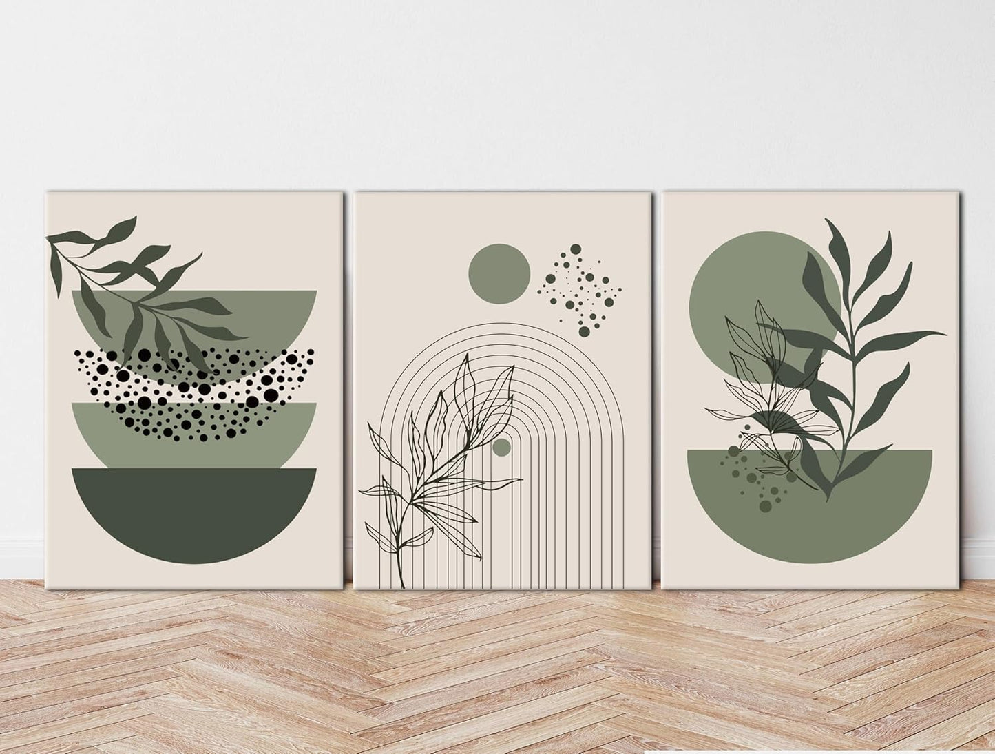 Sage Green Boho Wall Art Set of 3 Abstract Minimalist Geometric Line Poster Green Botanical Leaf Canvas Prints Modern Artwork Painting Decor for Living Room Bedroom Office 16x24 in Framed