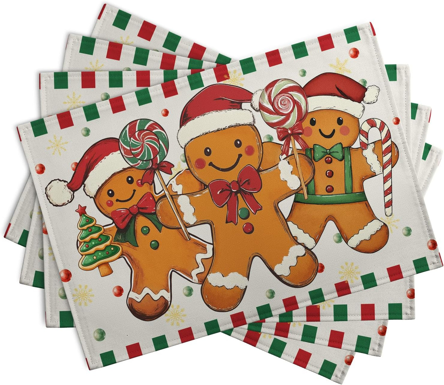 Gingerbread Man Christmas Placemats Set of 4 Candy Cane Xmas Seasonal Holiday Linen Table Mats Red Green Orange Winter Washable Place Mats for Party Kitchen Dining Outdoor Indoor Decor