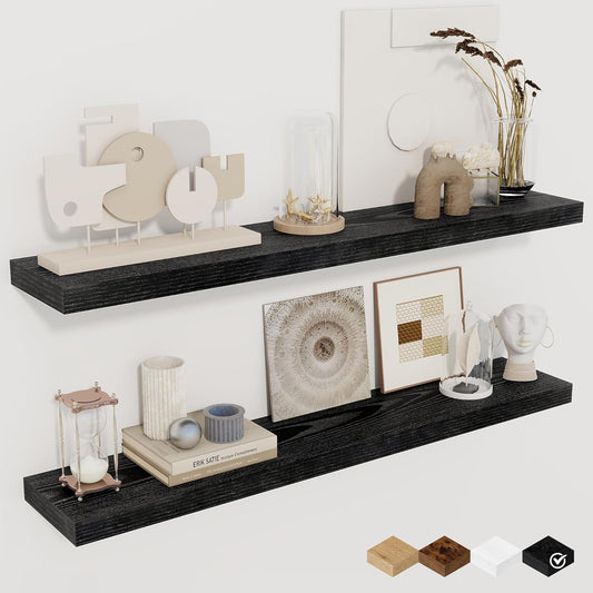 Fun Memories 36Inch Floating Shelves for Wall 2 Pack Wood Shelves for Kitchen, Bathroom, Bedroom Wall Mounted Rustic Wood Floating Shelf with Invisible Brackets for Books, Storage, Decor, Black