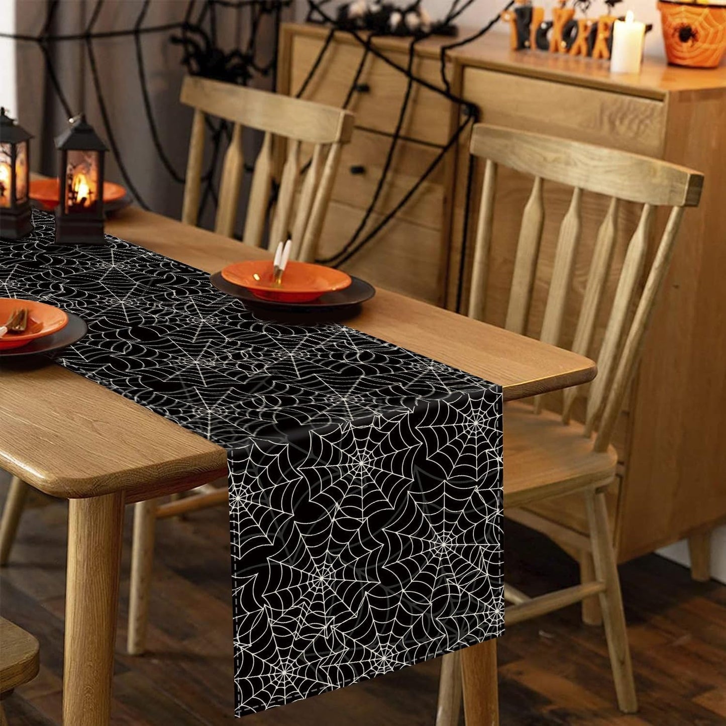 Halloween Table Runner Spider Web Black Linen Table Runners for Seasonal Holidays Indoor Outdoor Kitchen Dining Party Home Decor 13 x 36 Inch