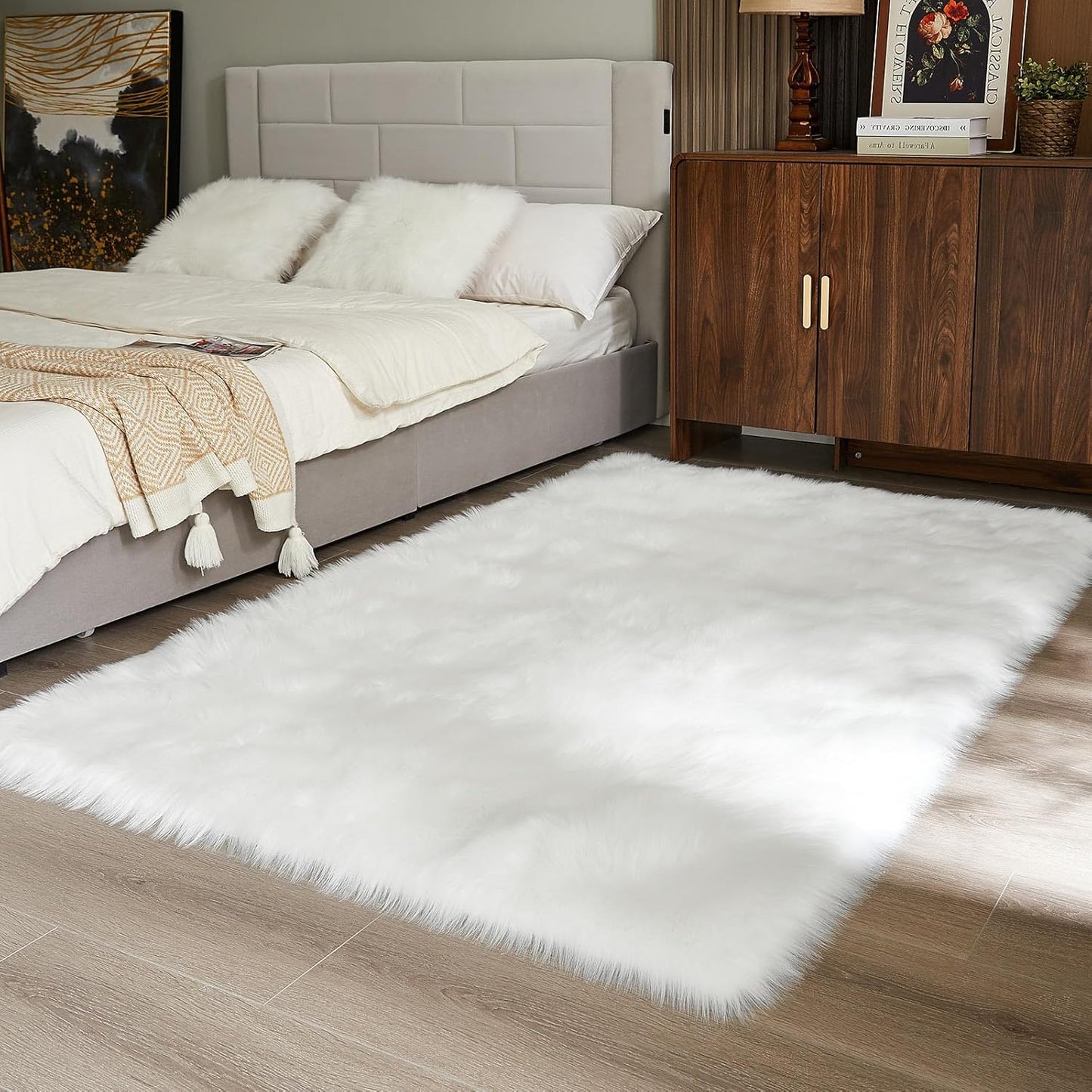 AMTOVO Faux Fur Sheepskin Rug for Living Room, 4 x 6 ft White Fluffy Area Rug for Bedroom, Playroom, Luxury Room Decor, Rectangle