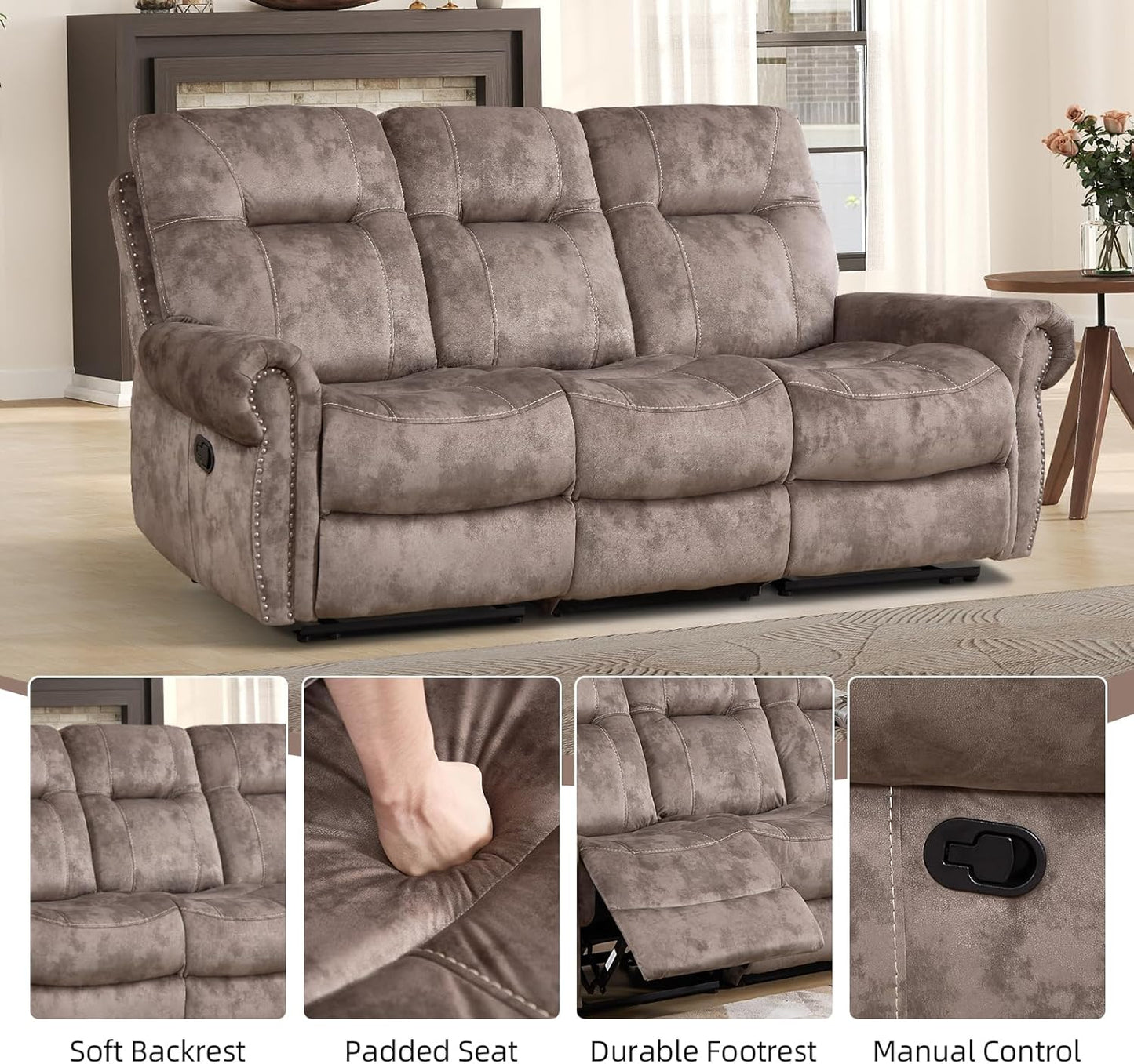 EBELLO 2 Pieces Reclining Couch Furniture Set for Living Room, 1 Seat Power Recliner and a 3 Seater Sofa, Vintage Rivet Mid-Century Design for Living Room, Brown