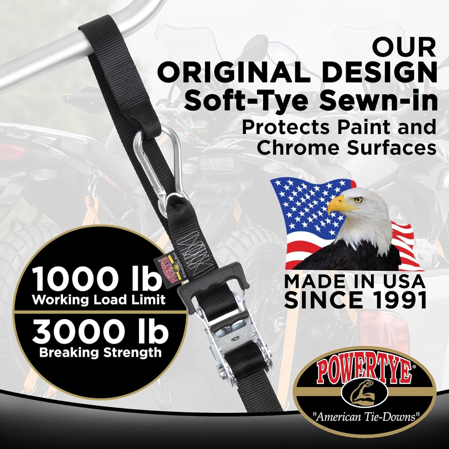 PowerTye - Made in USA - Heavy Duty Ratchet Tie Down Straps with Carabiner Hooks & Sewn-in Soft-Tye, for Motorcycle, ATV, Trailer & Cargo, 1,000 lb WLL, 1.5 inch x 6.5ft Long, Green/Black (Pair)