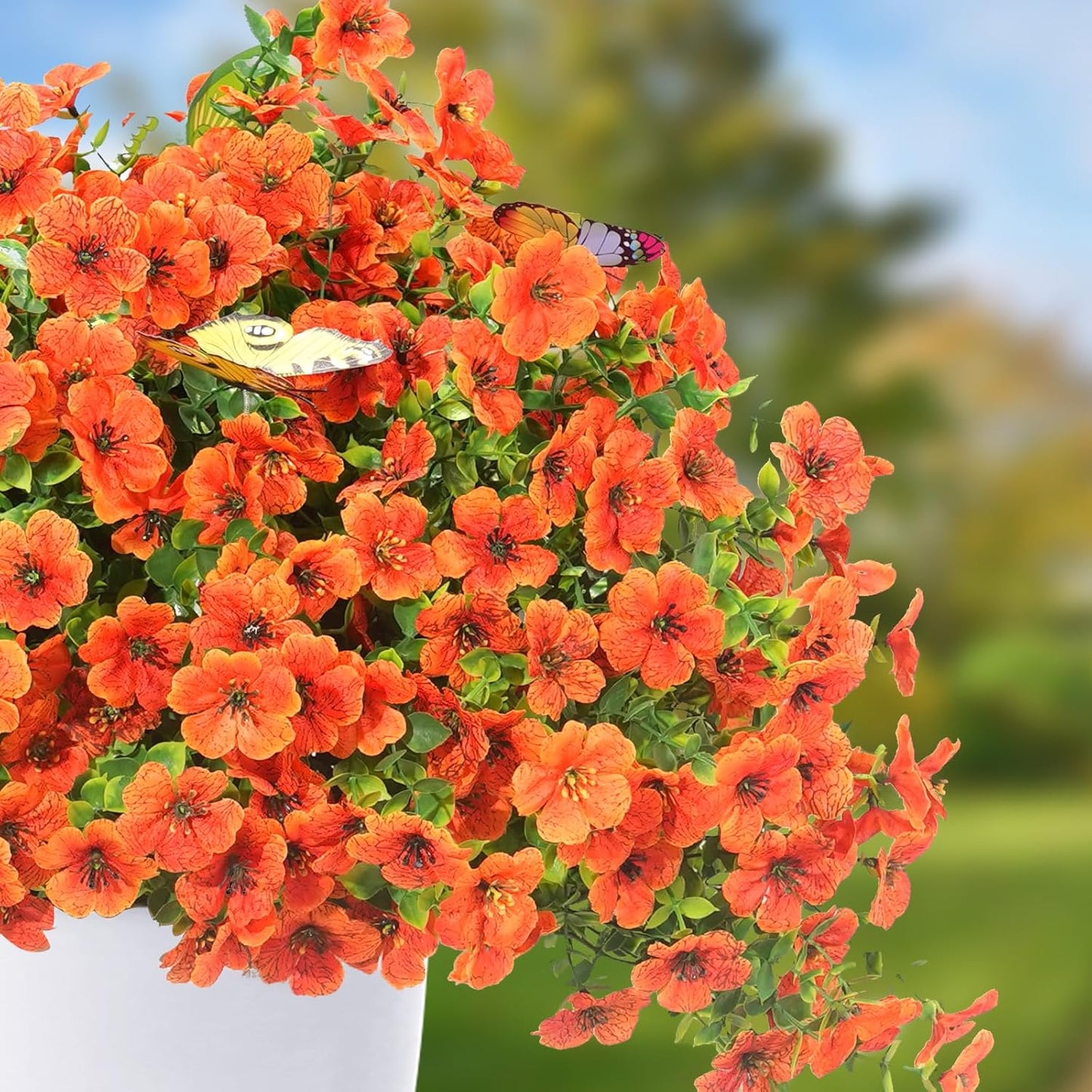 ‌20 Bundles Artificial Flowers for Outdoors‌ with 6 Faux Butterflies, UV Resistant ‌Fake Flowers‌ with Eucalyptus Leaves, ‌Artificial Plants Outdoor‌ for Patio Garden Porch Home Decor (Orange)