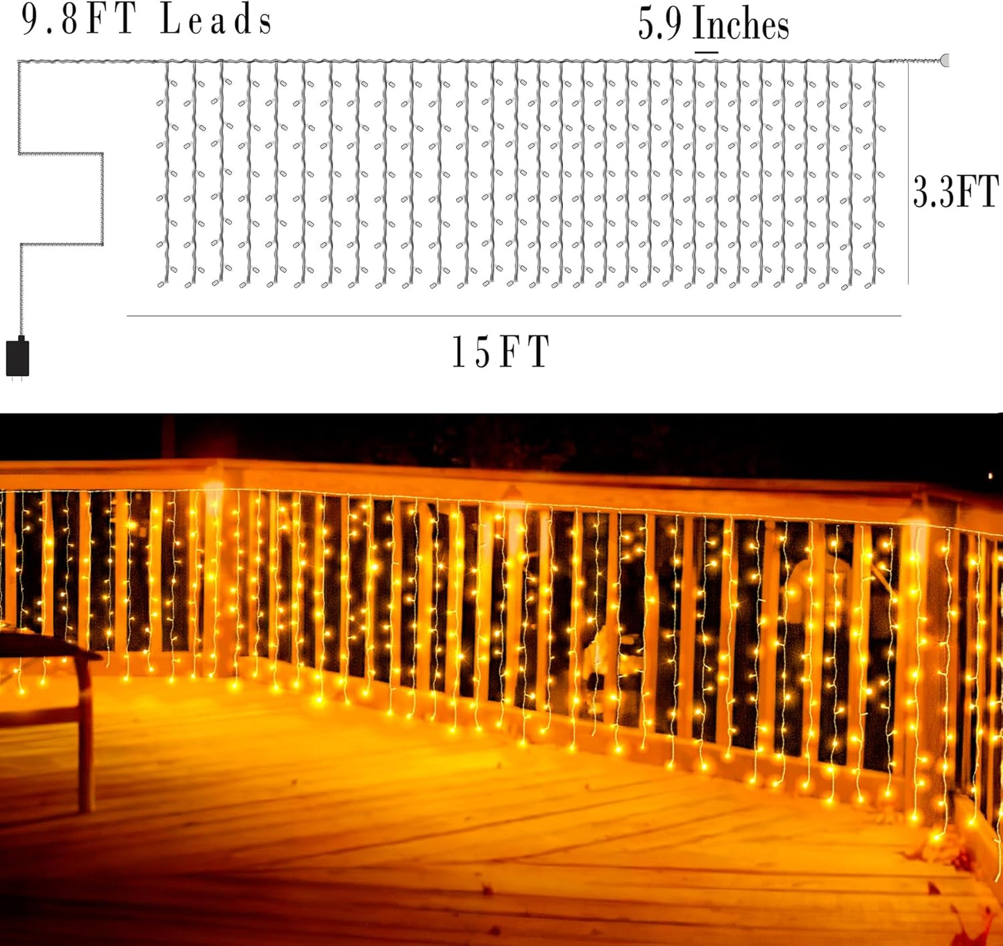 Eueasy Curtain-Lights Outdoor, 300 LED-Fairy Lights, Connectable15×3.3 FT with 8 Lighting Modes, for Balconies, Fences, Stairs Guardrails