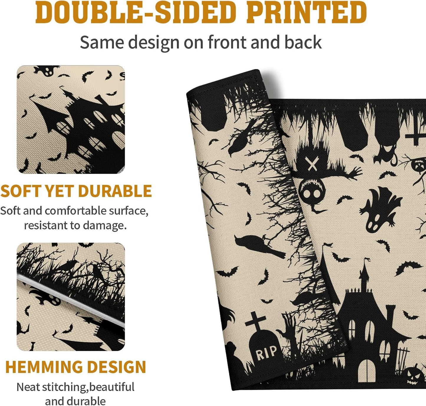 Halloween Placemats 12x18 Inch Set of 4 Black White Witch Castle Ghost Place Mats Spooky Haunted House Bats Tree Crow Table Mat for Party Kitchen Dining Outdoor Indoor Decor