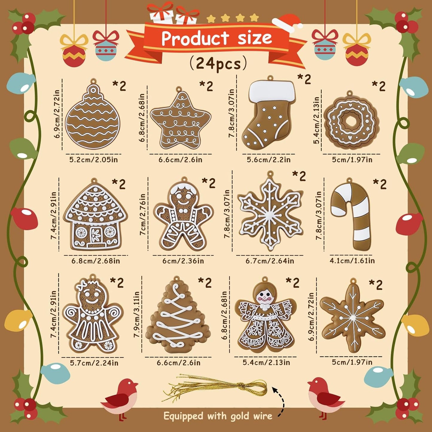 24pcs Christmas Gingerbread Man Ornaments, Assorted Gingerbread Figurines Decorations with Gingerbreads House Snowflake Ornaments for Xmas Tree Winter Crafts Holiday Home Party Decor Indoor
